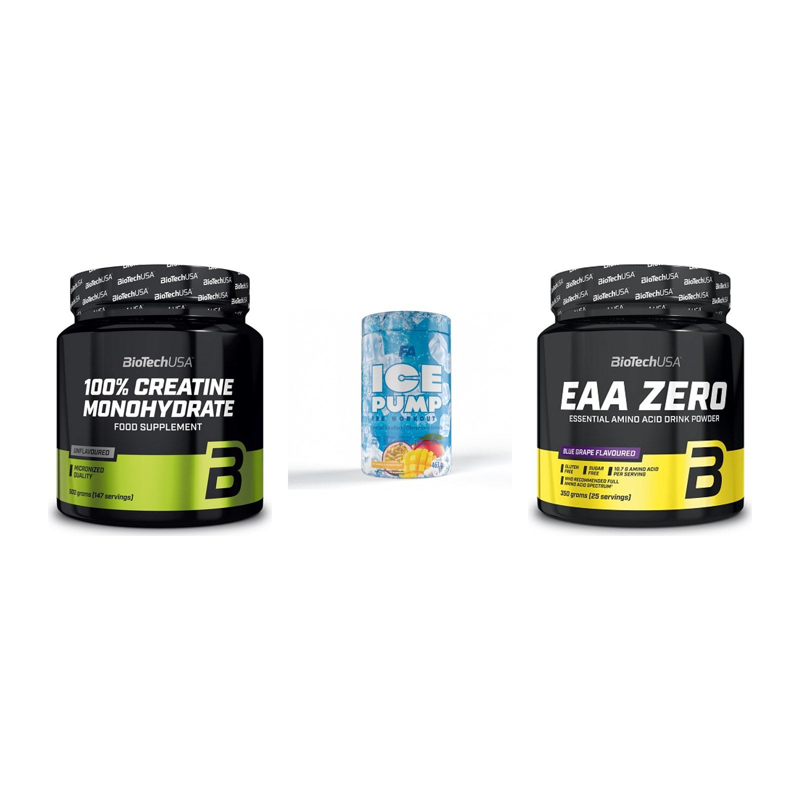 Kraft-Stack: BioTech Creatine + FA Nutrition ICE + BioTech EAA Zero – alle enthaltenen Artikel