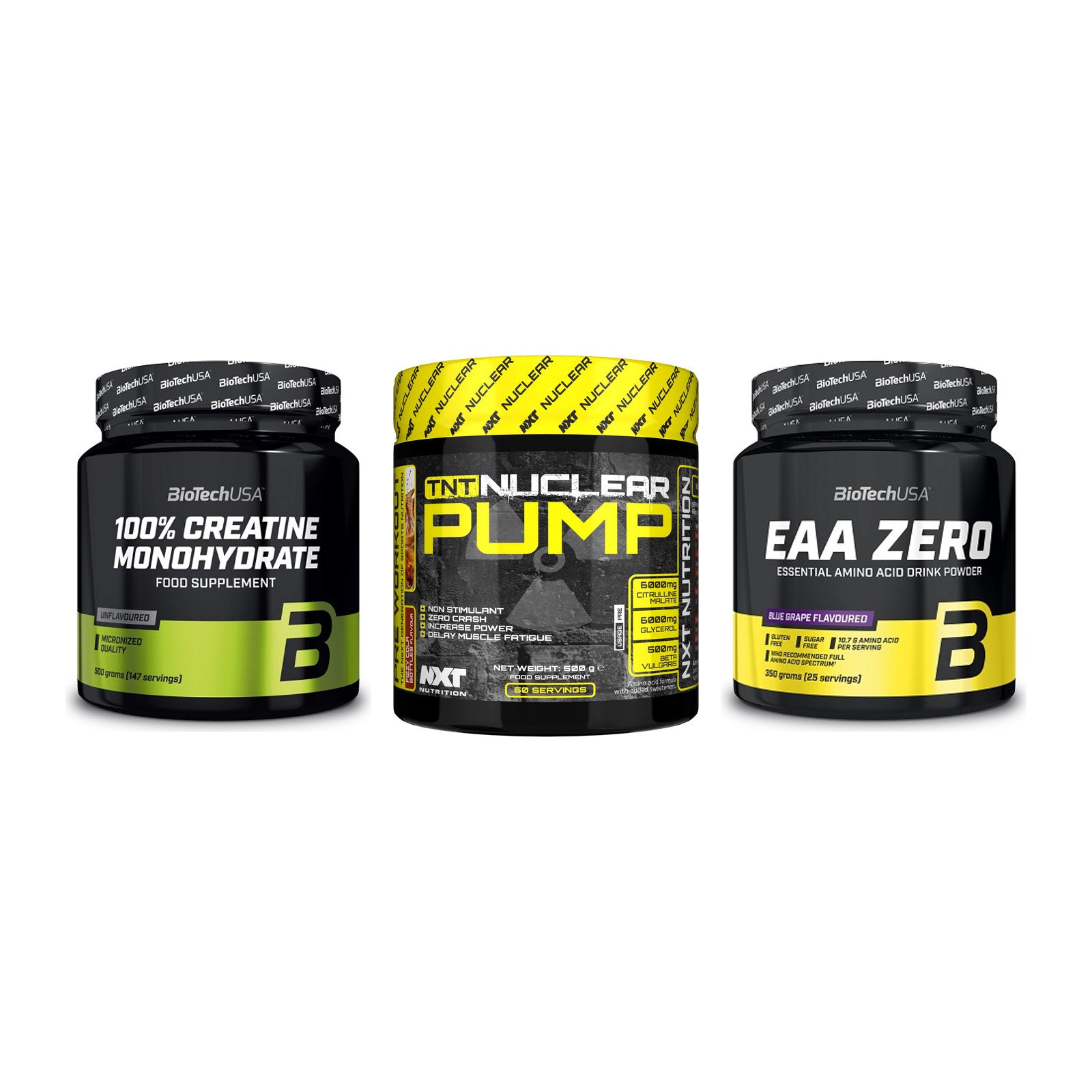 Kraft-Stack: BioTech Creatine + NXT Nutrition TNT + BioTech EAA Zero – alle enthaltenen Artikel