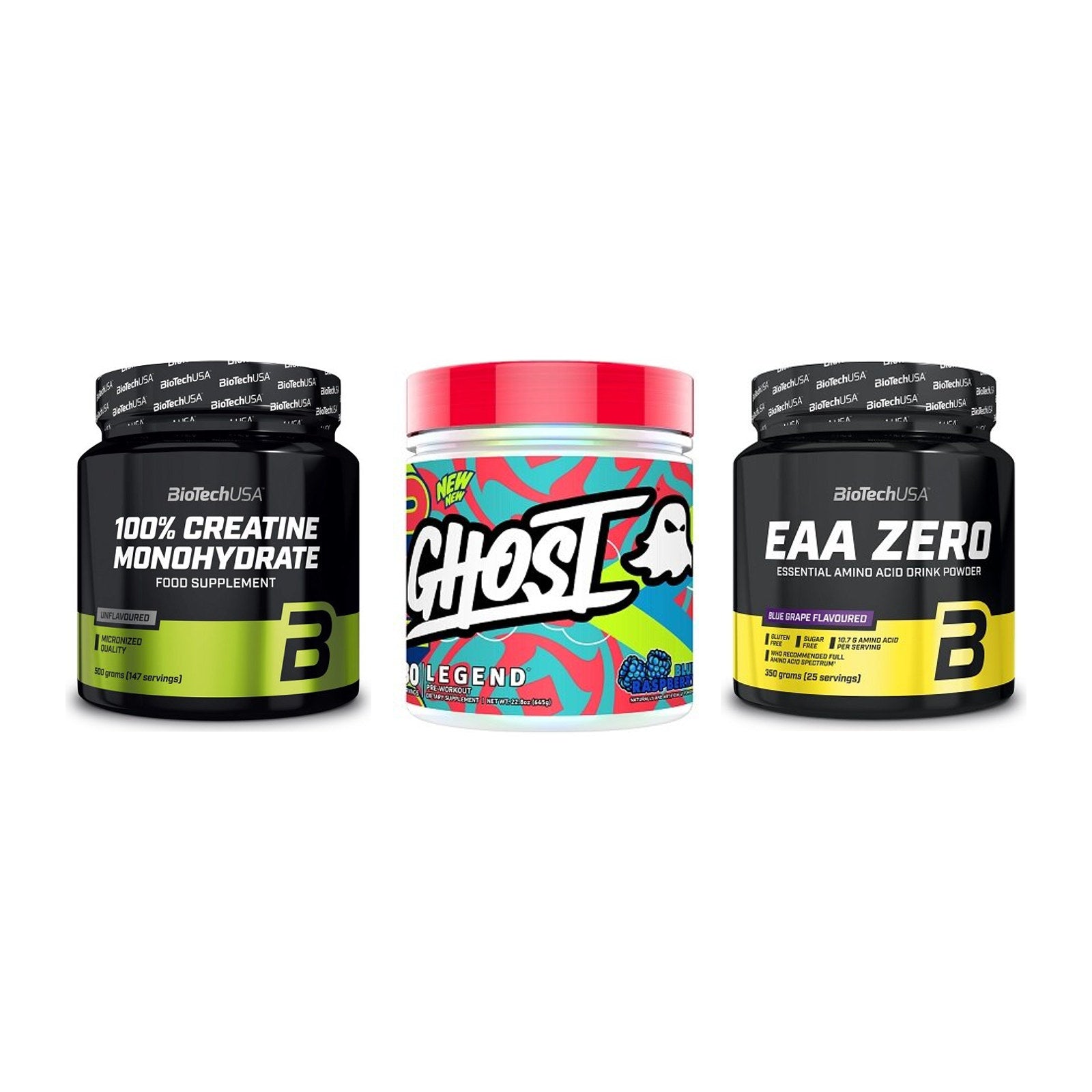 Kraft-Stack: BioTech Creatine + Ghost Legend V4 + BioTech EAA Zero – alle enthaltenen Artikel