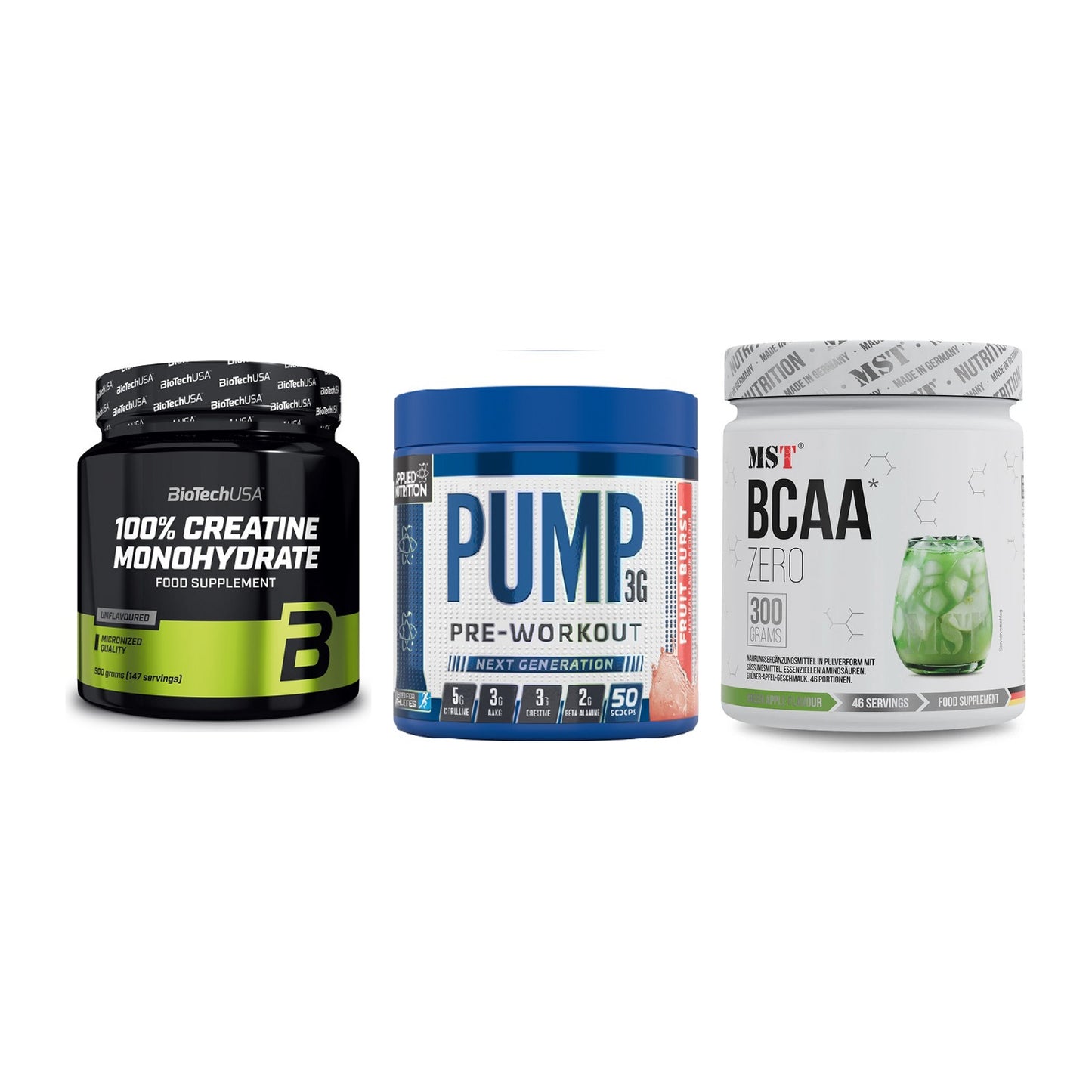 Kraft-Stack: BioTech Creatine + Applied Nutrition + MST BCAA Zero – alle enthaltenen Artikel