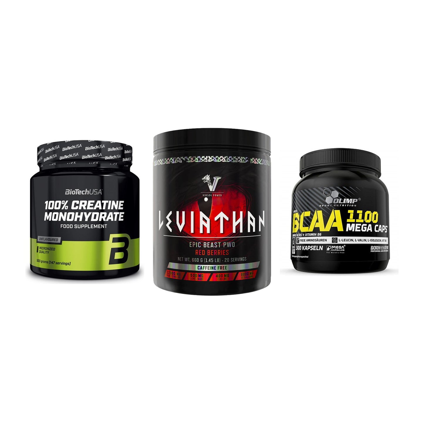 Kraft-Stack: BioTech Creatine + Viking Power + Olimp BCAA Mega – alle enthaltenen Artikel