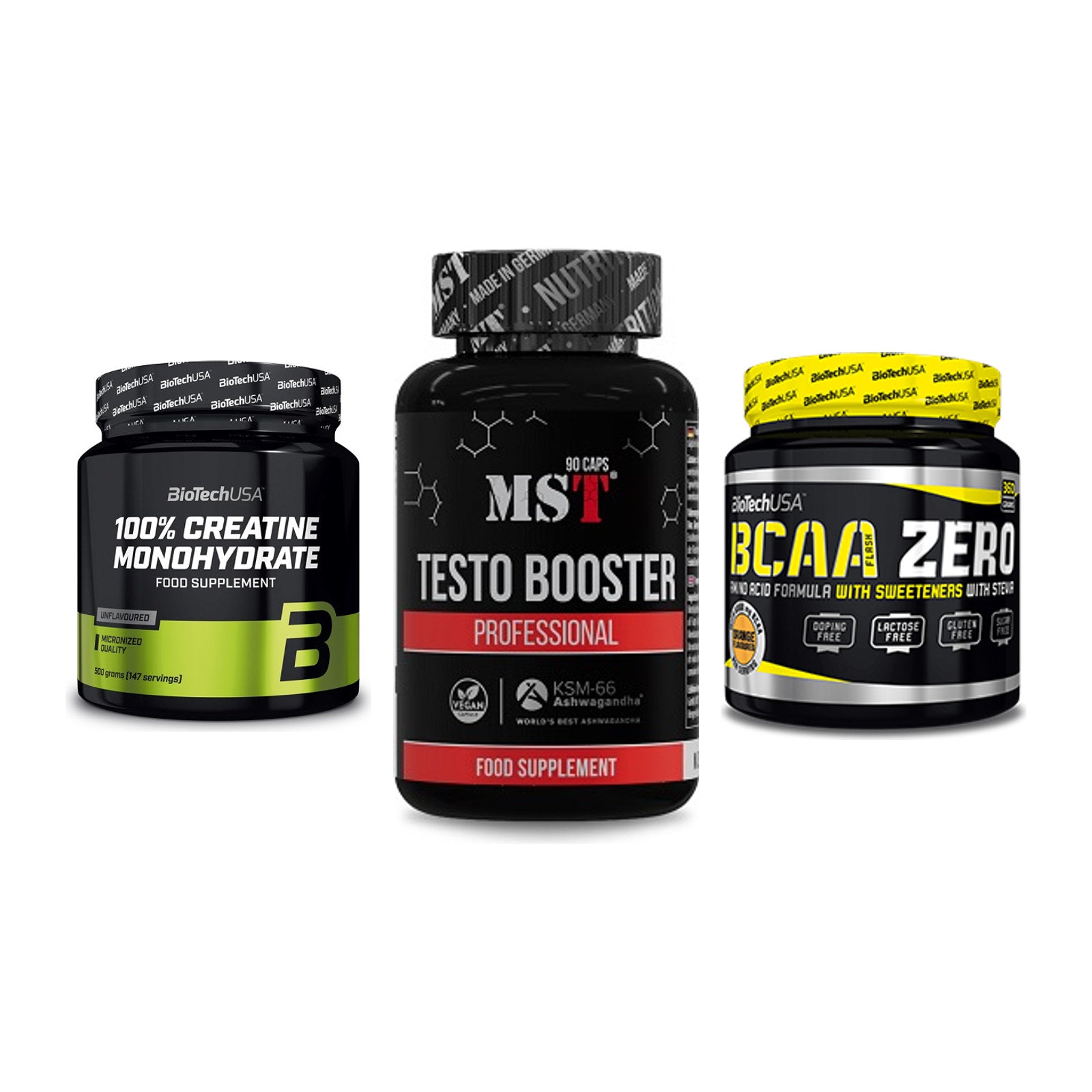 Kraft-Stack: BioTech Creatine + MST Testo Booster + BioTech BCAA Zero – alle enthaltenen Artikel