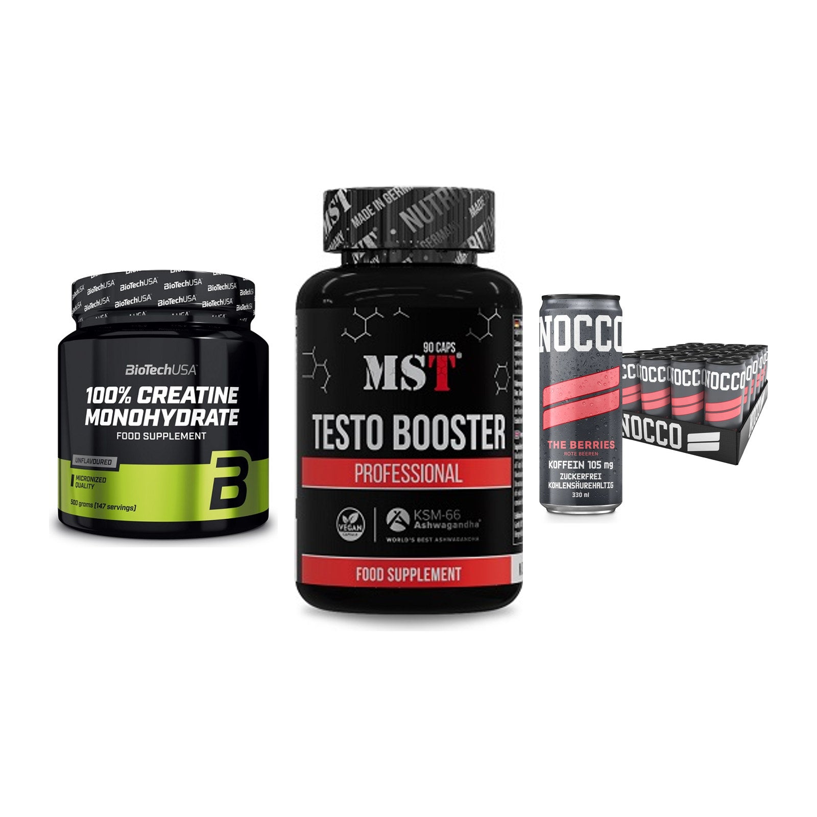 Kraft-Stack: BioTech Creatine + MST Testo Booster + Nocco BCAA Drink – alle enthaltenen Artikel