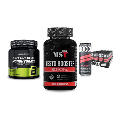 Kraft-Stack: BioTech Creatine + MST Testo Booster + Nocco BCAA Drink – alle enthaltenen Artikel
