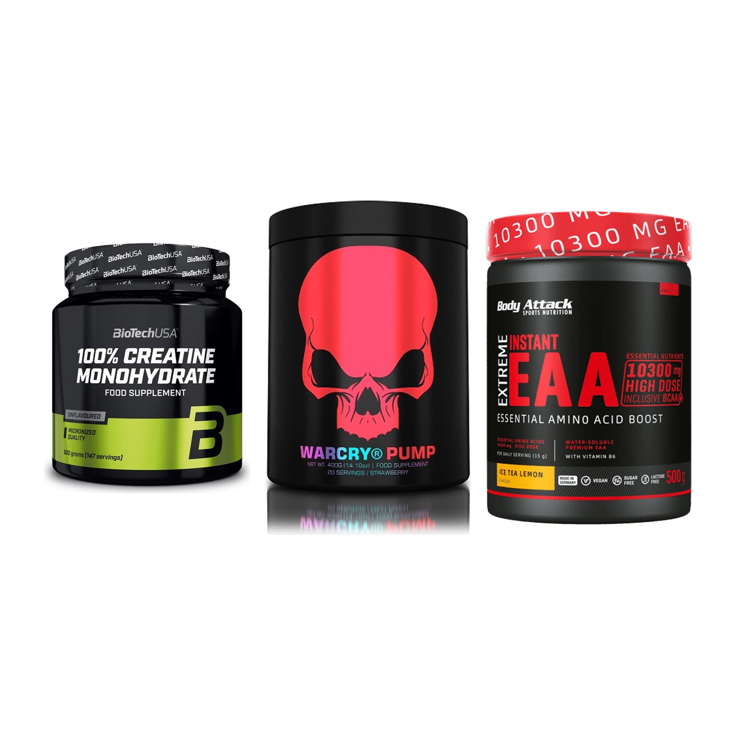 Kraft-Stack: BioTech Creatine + Genius Nutrition + Body Attack – alle enthaltenen Artikel