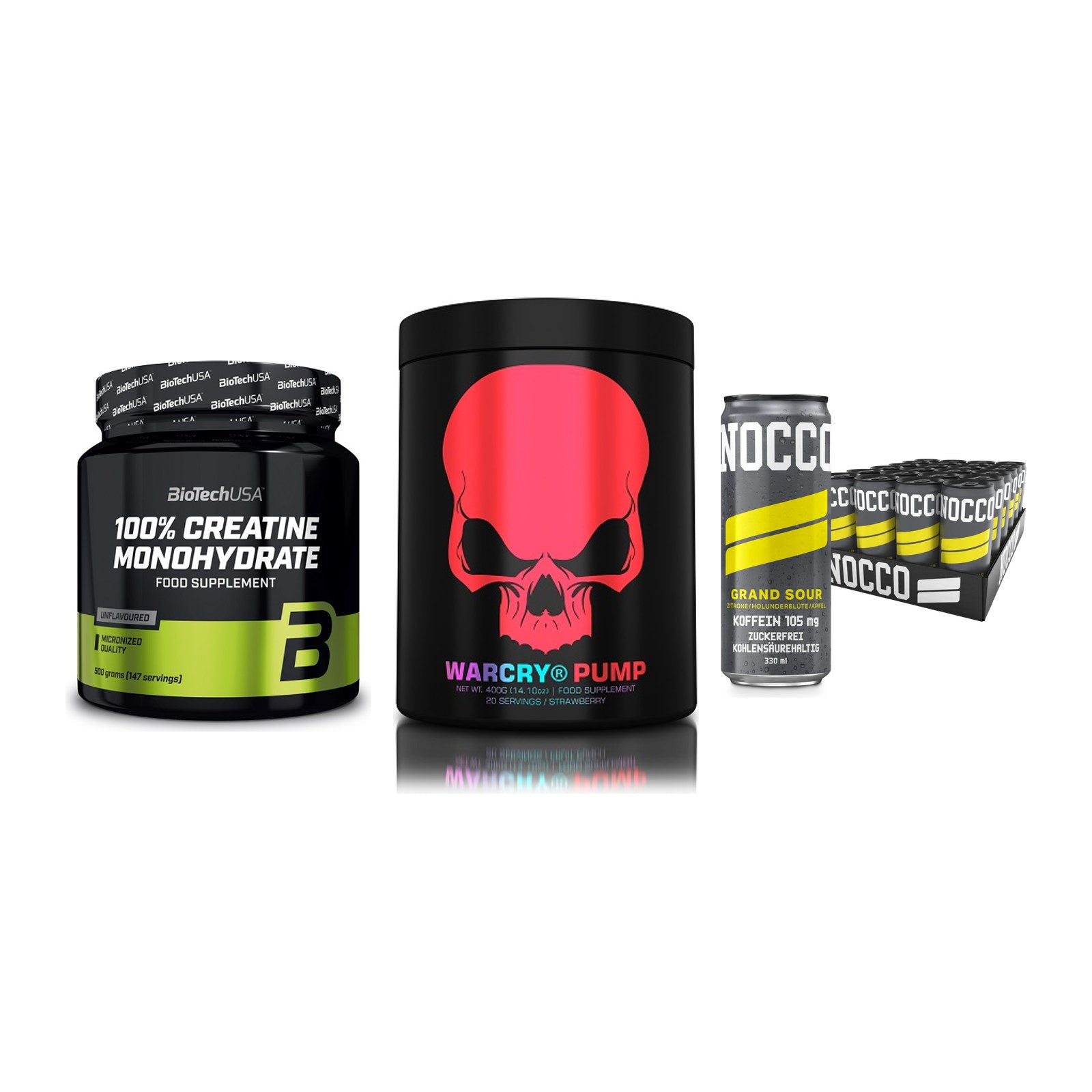 Kraft-Stack: BioTech Creatine + Genius Nutrition + Nocco BCAA Drink – alle enthaltenen Artikel