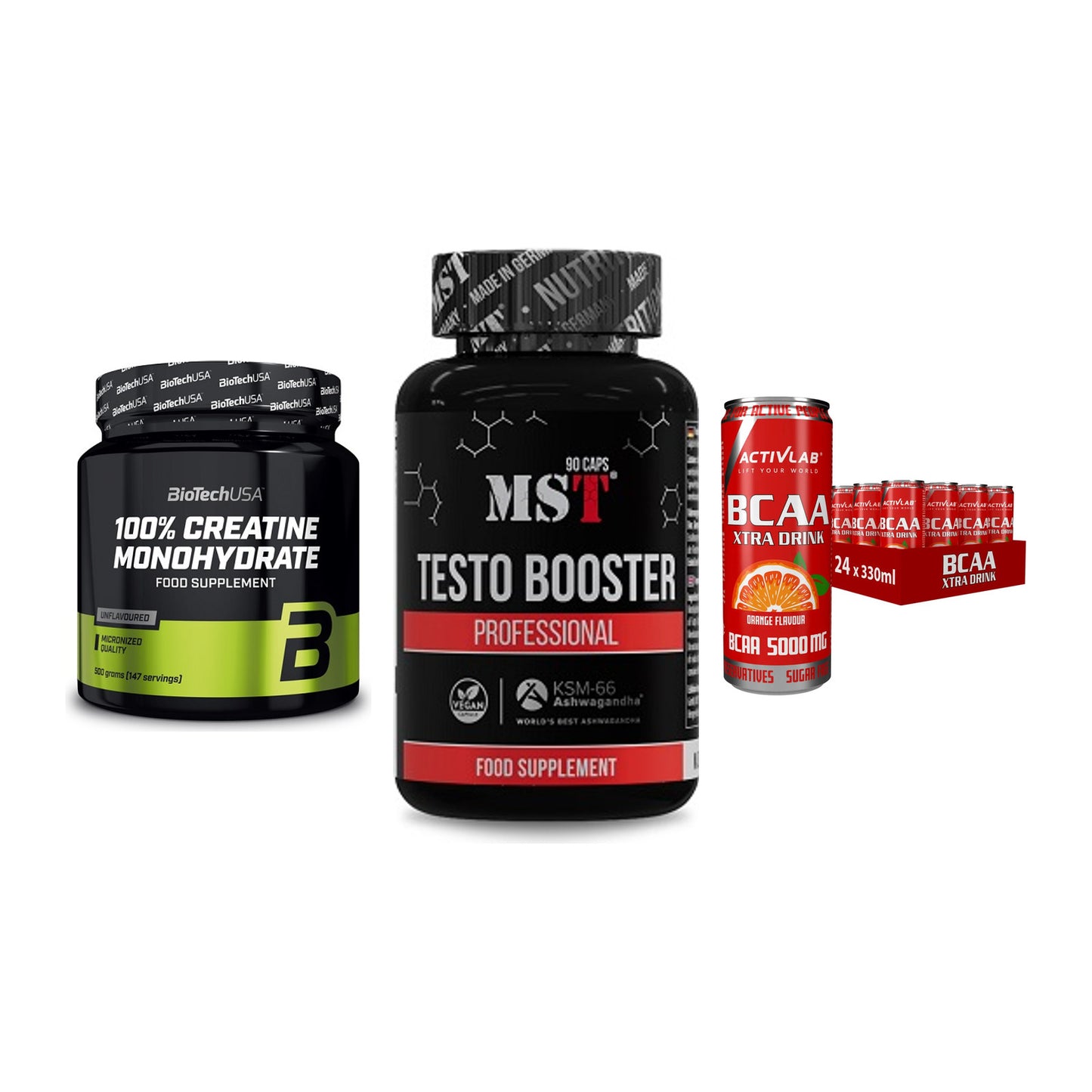 Kraft-Stack: BioTech Creatine + MST Testo Booster + Activlab BCAA – alle enthaltenen Artikel