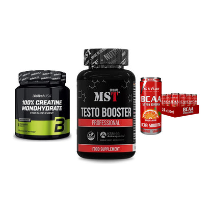 Kraft-Stack: BioTech Creatine + MST Testo Booster + Activlab BCAA – alle enthaltenen Artikel