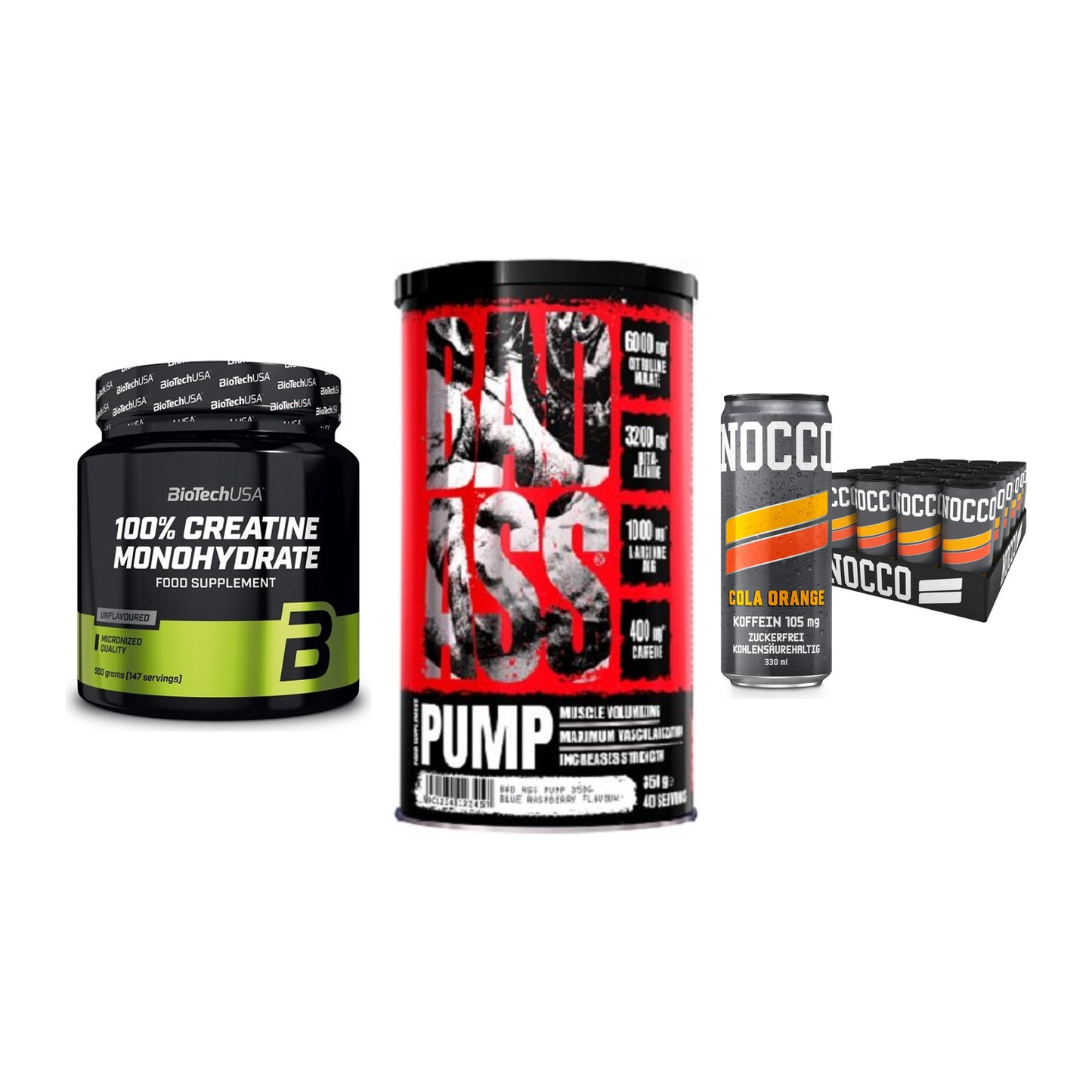 Kraft-Stack: BioTech Creatine + BAD ASS Pump 350g + Nocco BCAA Drink – alle enthaltenen Artikel