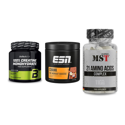 Kraft-Stack: BioTech Creatine + ESN Crank Booster + MST 21 Amino – alle enthaltenen Artikel