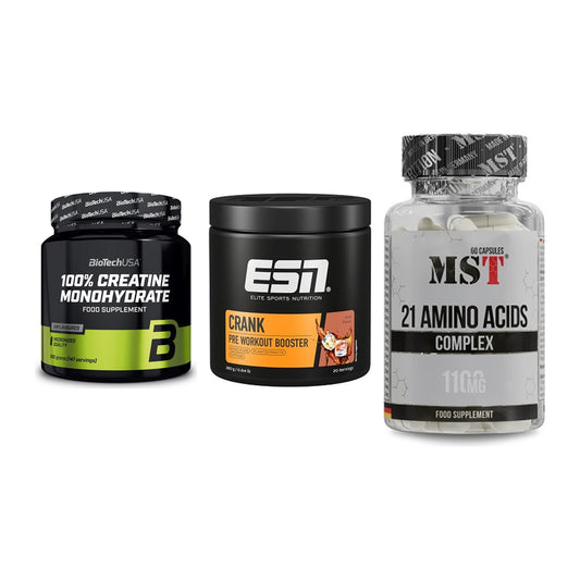 Kraft-Stack: BioTech Creatine + ESN Crank Booster + MST 21 Amino – alle enthaltenen Artikel