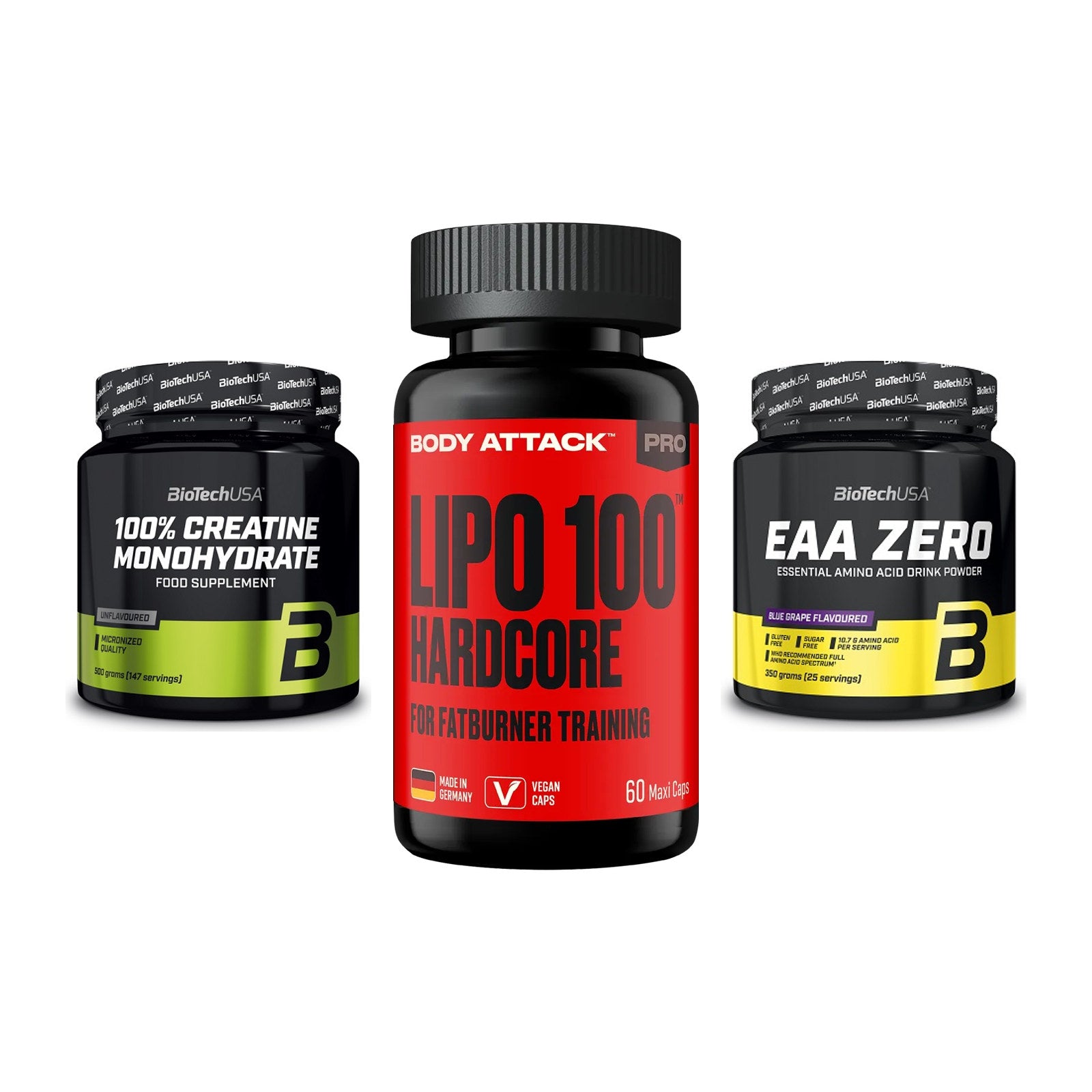 Kraft-Stack: BioTech Creatine + Body Attack LIPO + BioTech EAA Zero – alle enthaltenen Artikel