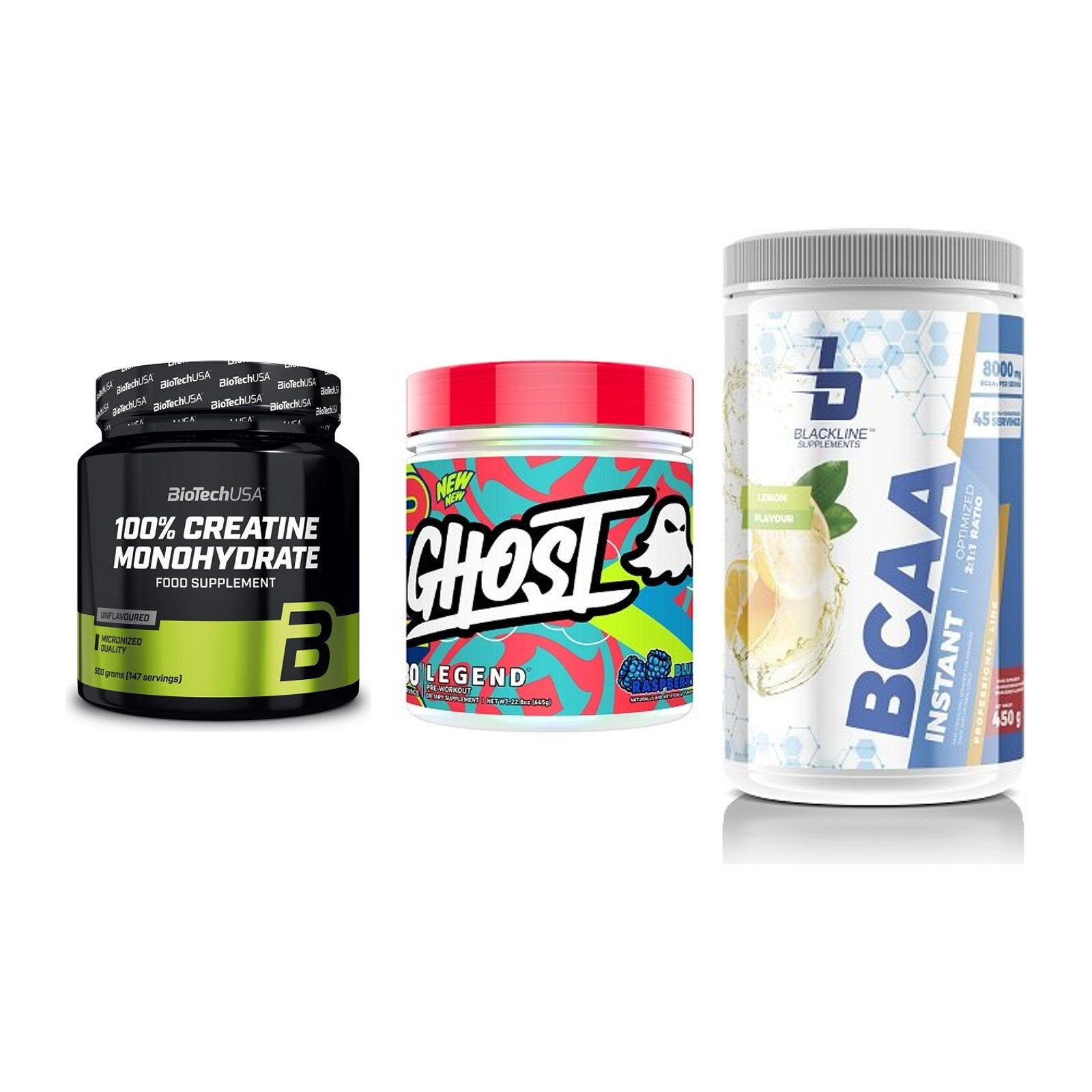 Kraft-Stack: BioTech Creatine + Ghost Legend V4 + Blackline – alle enthaltenen Artikel