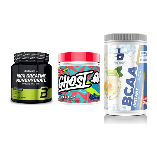 Kraft-Stack: BioTech Creatine + Ghost Legend V4 + Blackline – alle enthaltenen Artikel