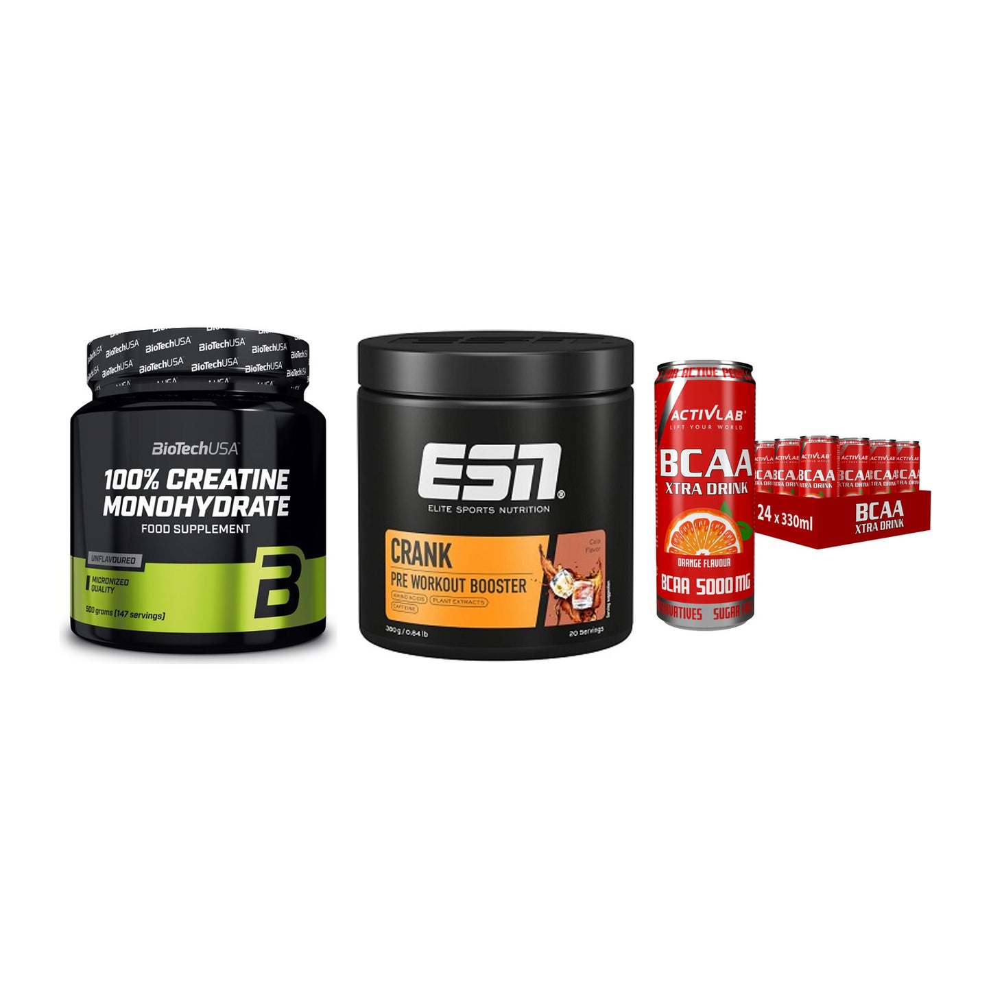 Kraft-Stack: BioTech Creatine + ESN Crank Booster + Activlab BCAA – alle enthaltenen Artikel