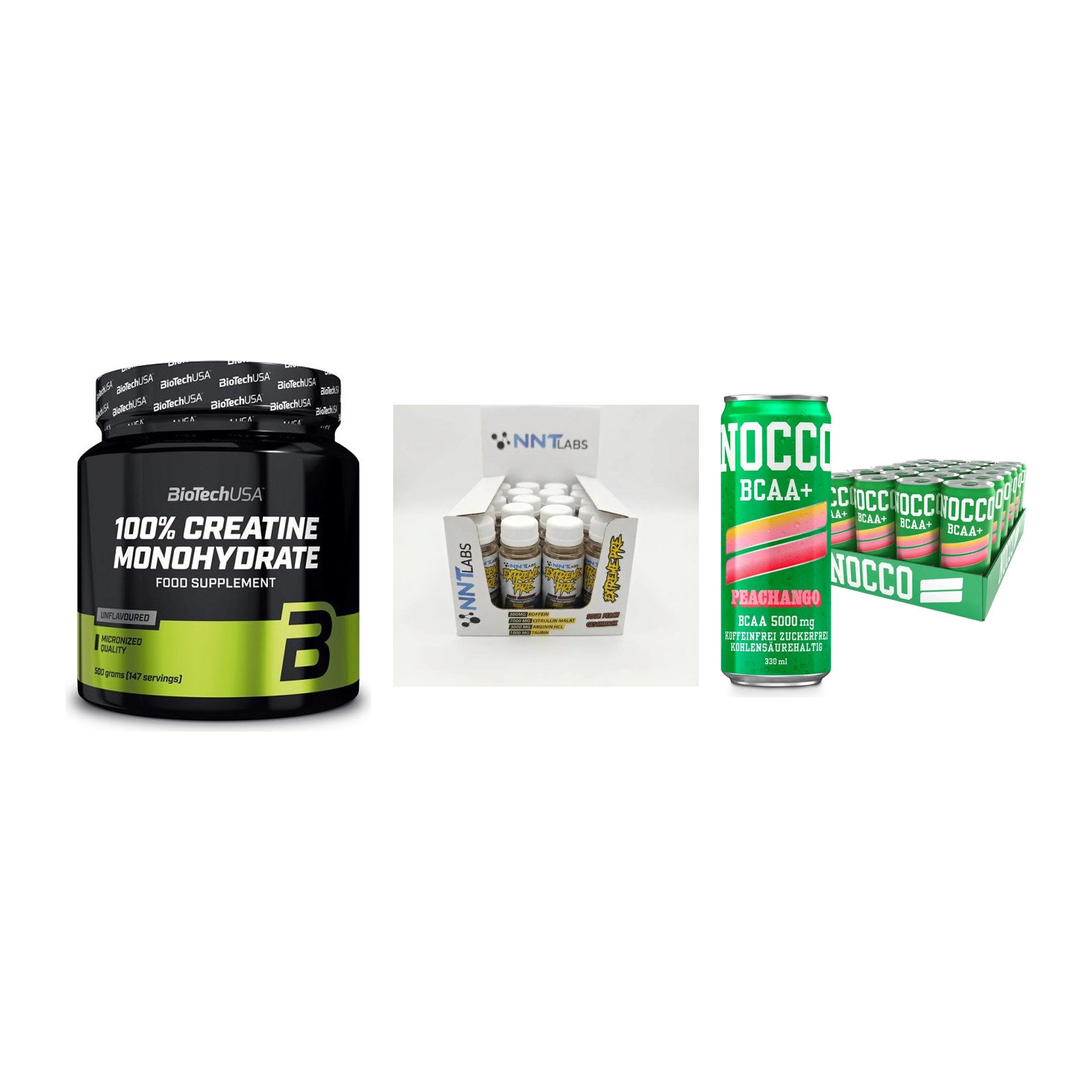 Kraft-Stack: BioTech Creatine + NNT Extreme + Nocco BCAA Drink – alle enthaltenen Artikel