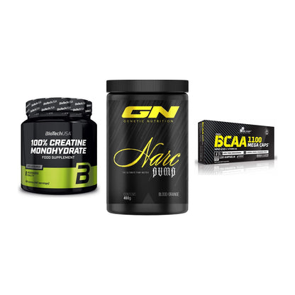 Kraft-Stack: BioTech Creatine + GN Narc Pump + Olimp BCAA Mega – alle enthaltenen Artikel