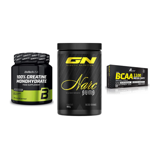 Kraft-Stack: BioTech Creatine + GN Narc Pump + Olimp BCAA Mega – alle enthaltenen Artikel