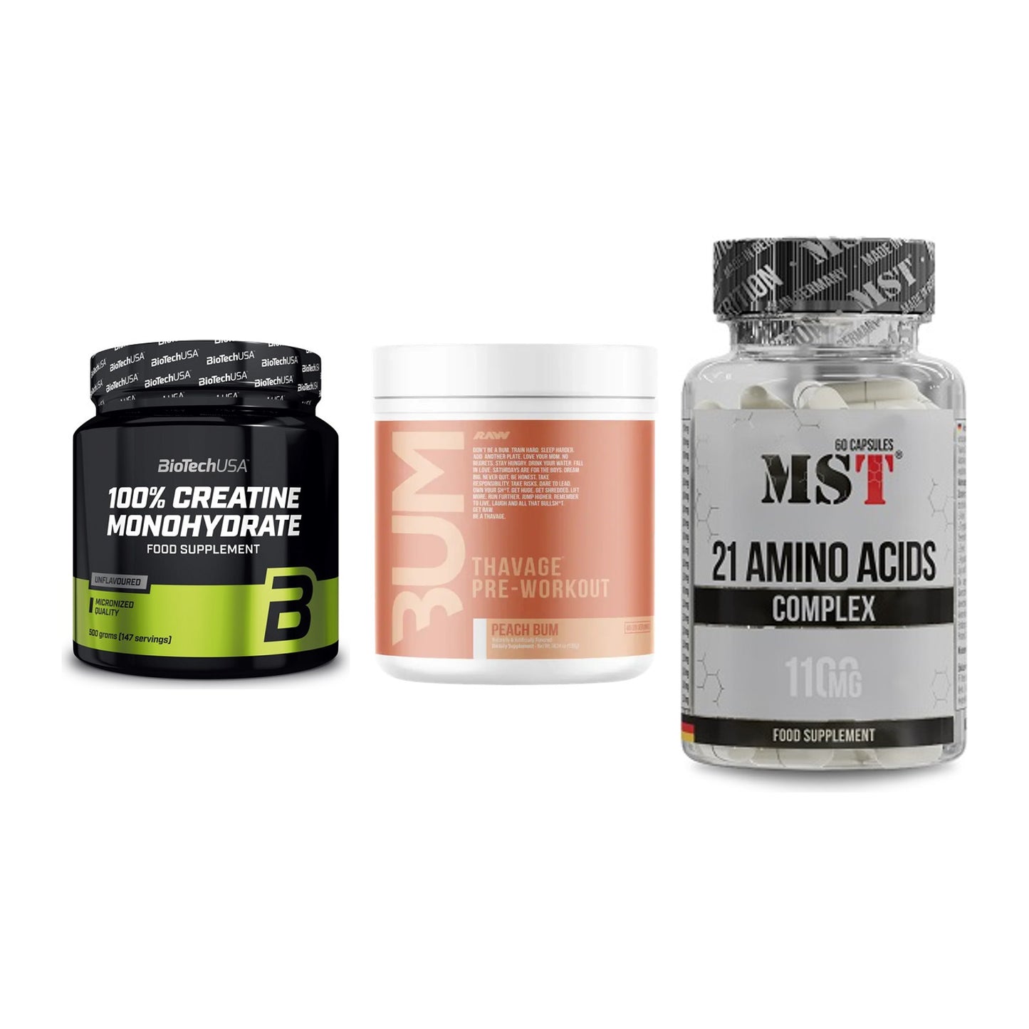 Kraft-Stack: BioTech Creatine + RAW Nutrition + MST 21 Amino – alle enthaltenen Artikel
