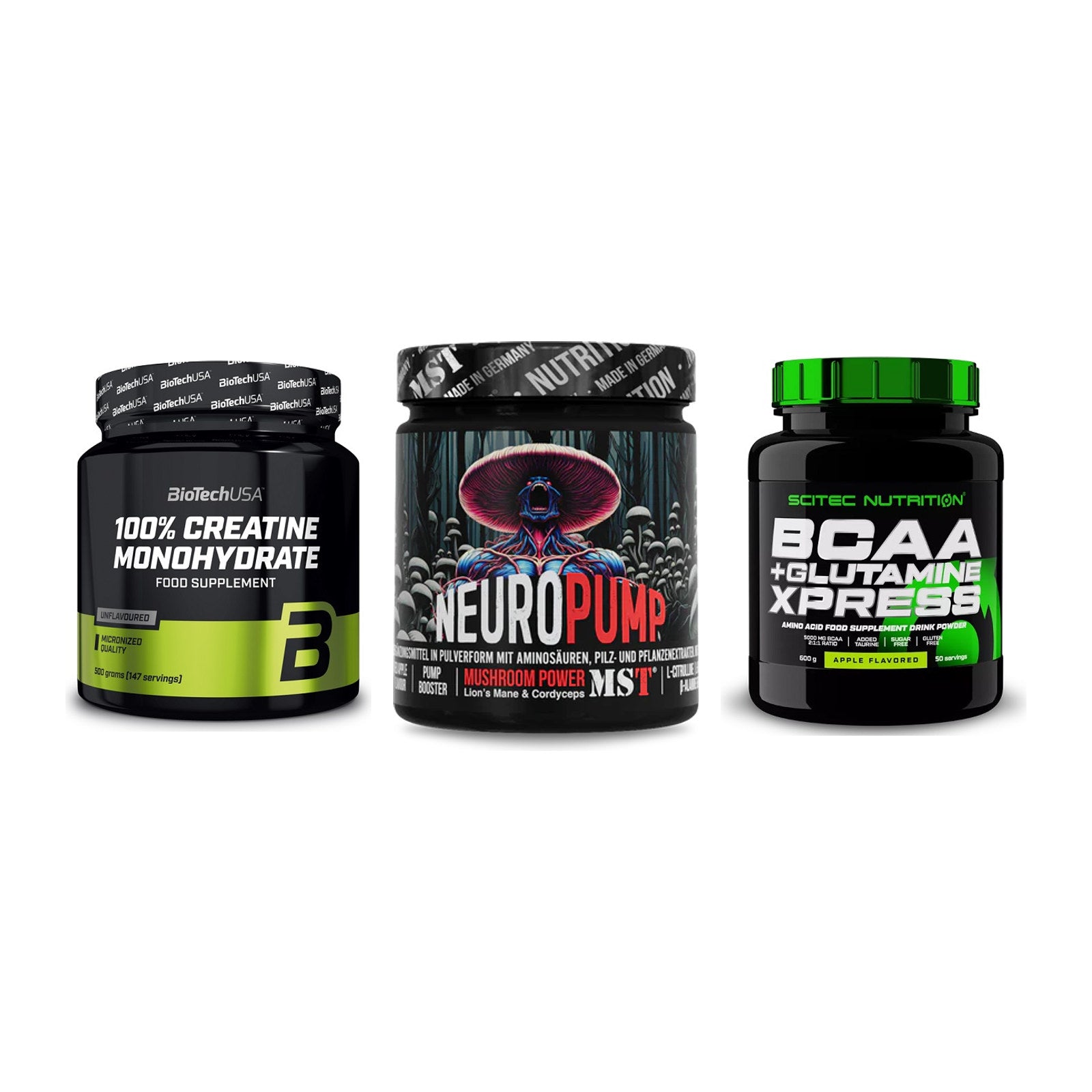 Kraft-Stack: BioTech Creatine + MST NeuroPump + Scitec BCAA – alle enthaltenen Artikel