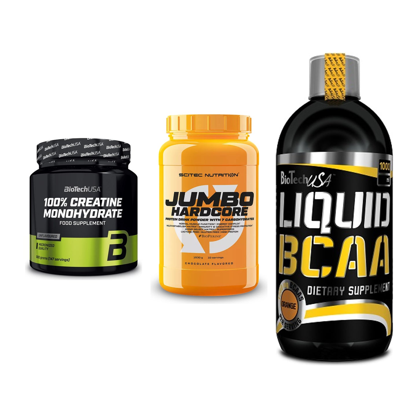 Kraft-Stack: BioTech Creatine + Scitec Jumbo + BioTech Liquid – alle enthaltenen Artikel