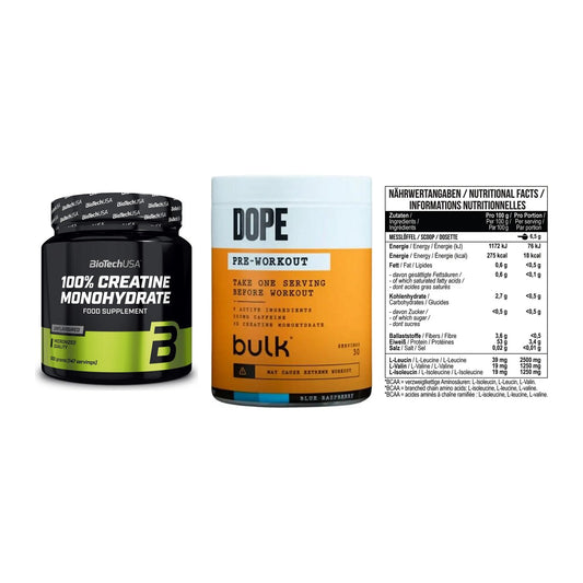 Kraft-Stack: BioTech Creatine + Bulk Dope + MST BCAA Zero – alle enthaltenen Artikel