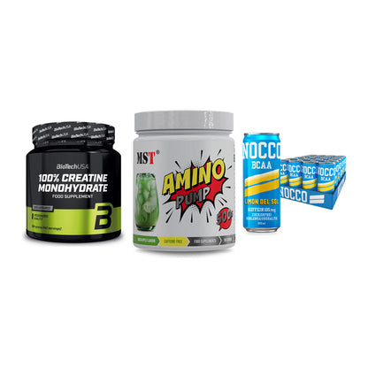 Kraft-Stack: BioTech Creatine + MST Amino Pump + Nocco BCAA Drink – alle enthaltenen Artikel