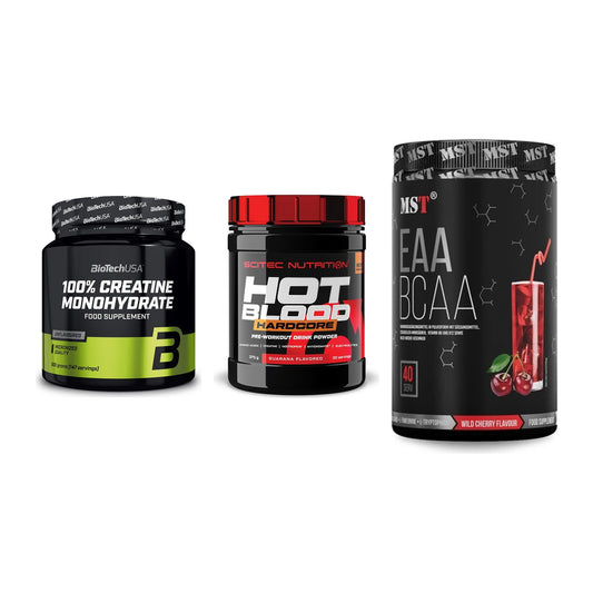 Kraft-Stack: BioTech Creatine + Scitec Hot Blood + MST EAA & BCAA – alle enthaltenen Artikel