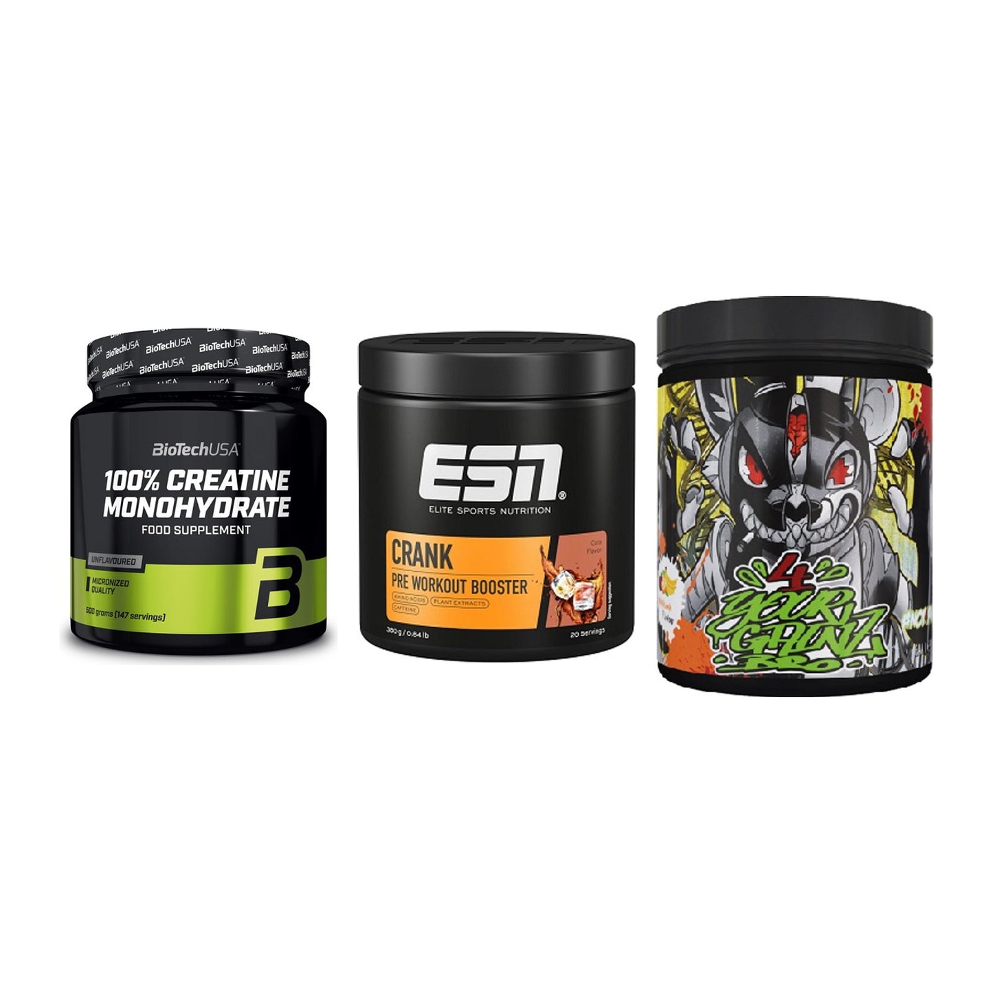 Kraft-Stack: BioTech Creatine + ESN Crank Booster + BPS-Pharma EAA´s – alle enthaltenen Artikel