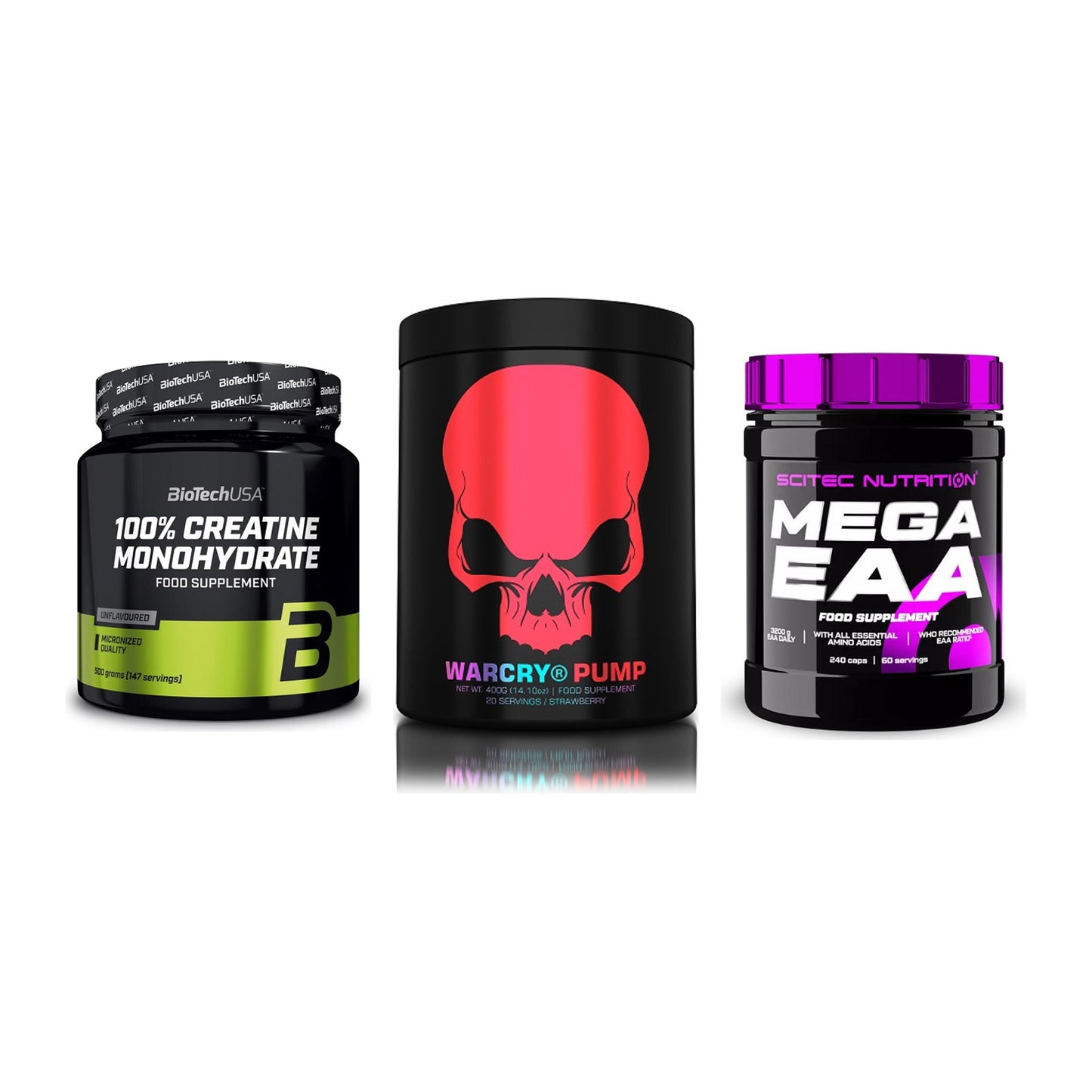 Kraft-Stack: BioTech Creatine + Genius Nutrition + Scitec Mega EAA – alle enthaltenen Artikel