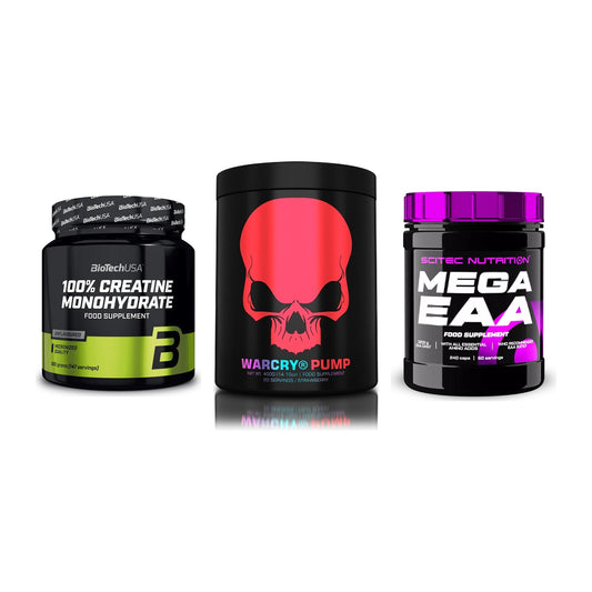 Kraft-Stack: BioTech Creatine + Genius Nutrition + Scitec Mega EAA – alle enthaltenen Artikel