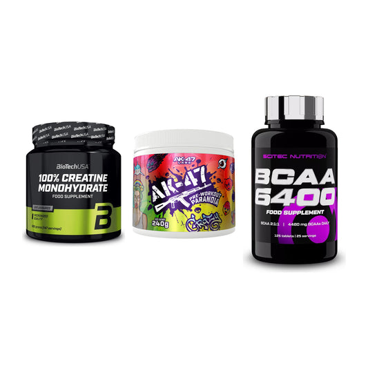 Kraft-Stack: BioTech Creatine + AK47 Labs + Scitec BCAA 6400 – alle enthaltenen Artikel