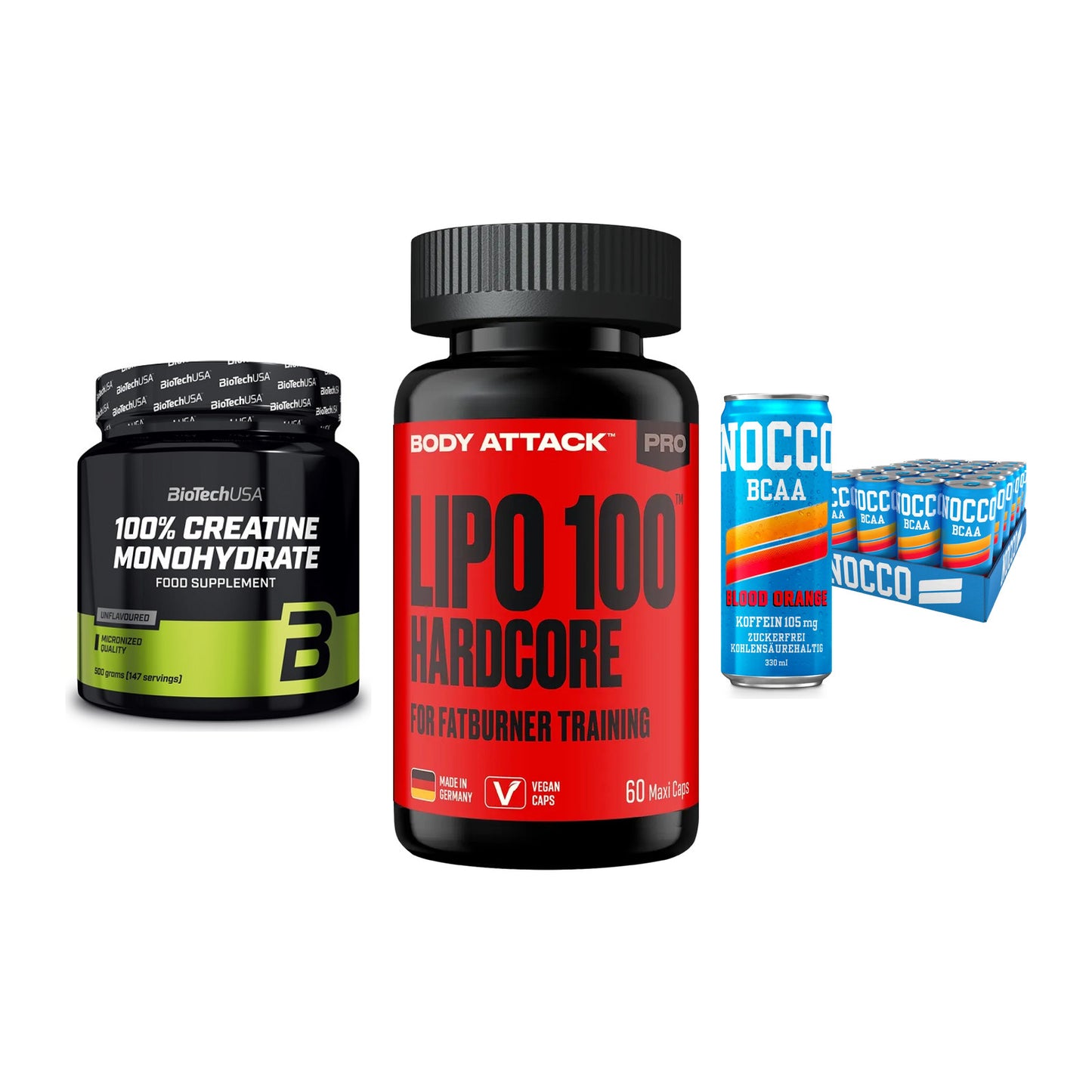 Kraft-Stack: BioTech Creatine + Body Attack LIPO + Nocco BCAA Drink – alle enthaltenen Artikel