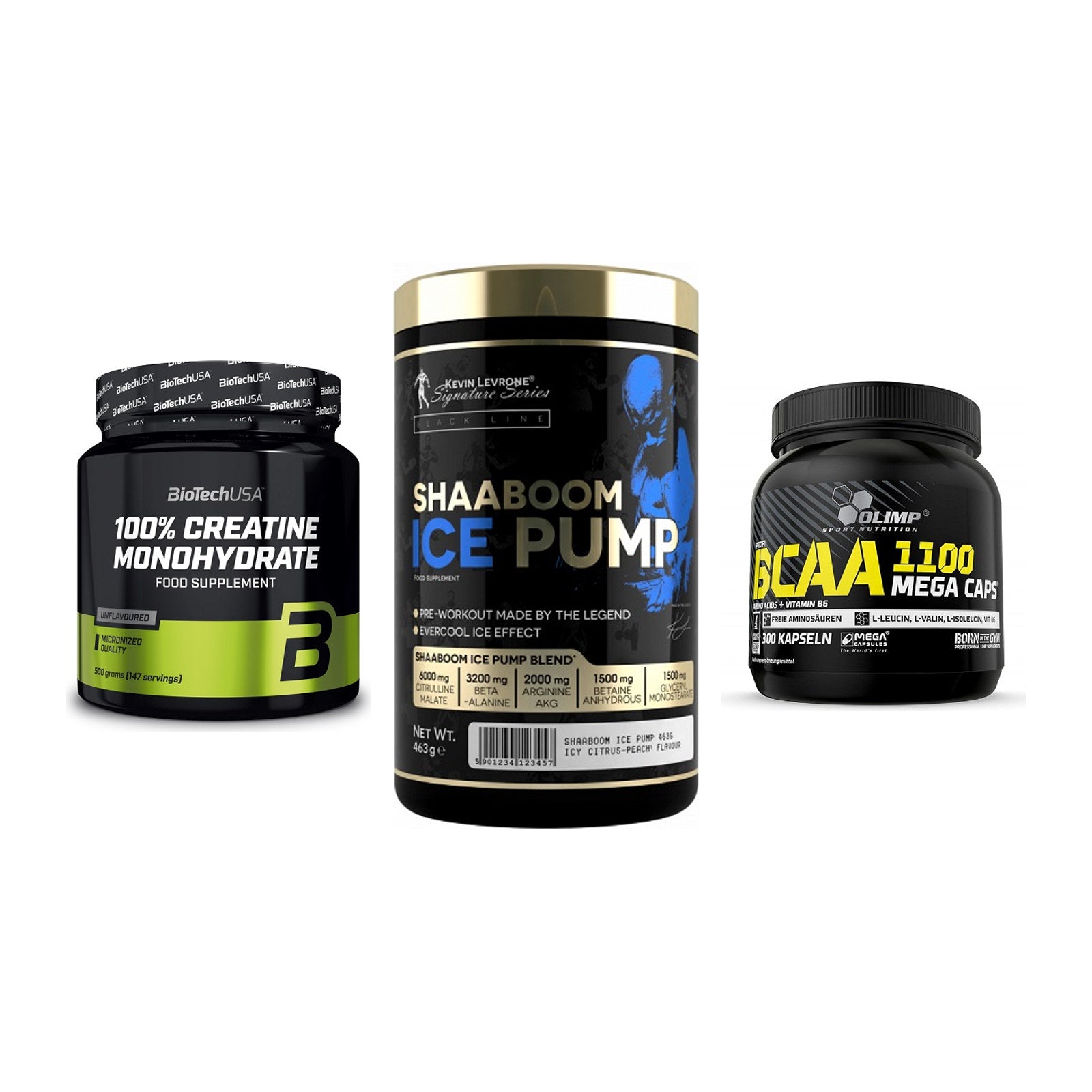 Kraft-Stack: BioTech Creatine + Kevin Levrone + Olimp BCAA Mega – alle enthaltenen Artikel