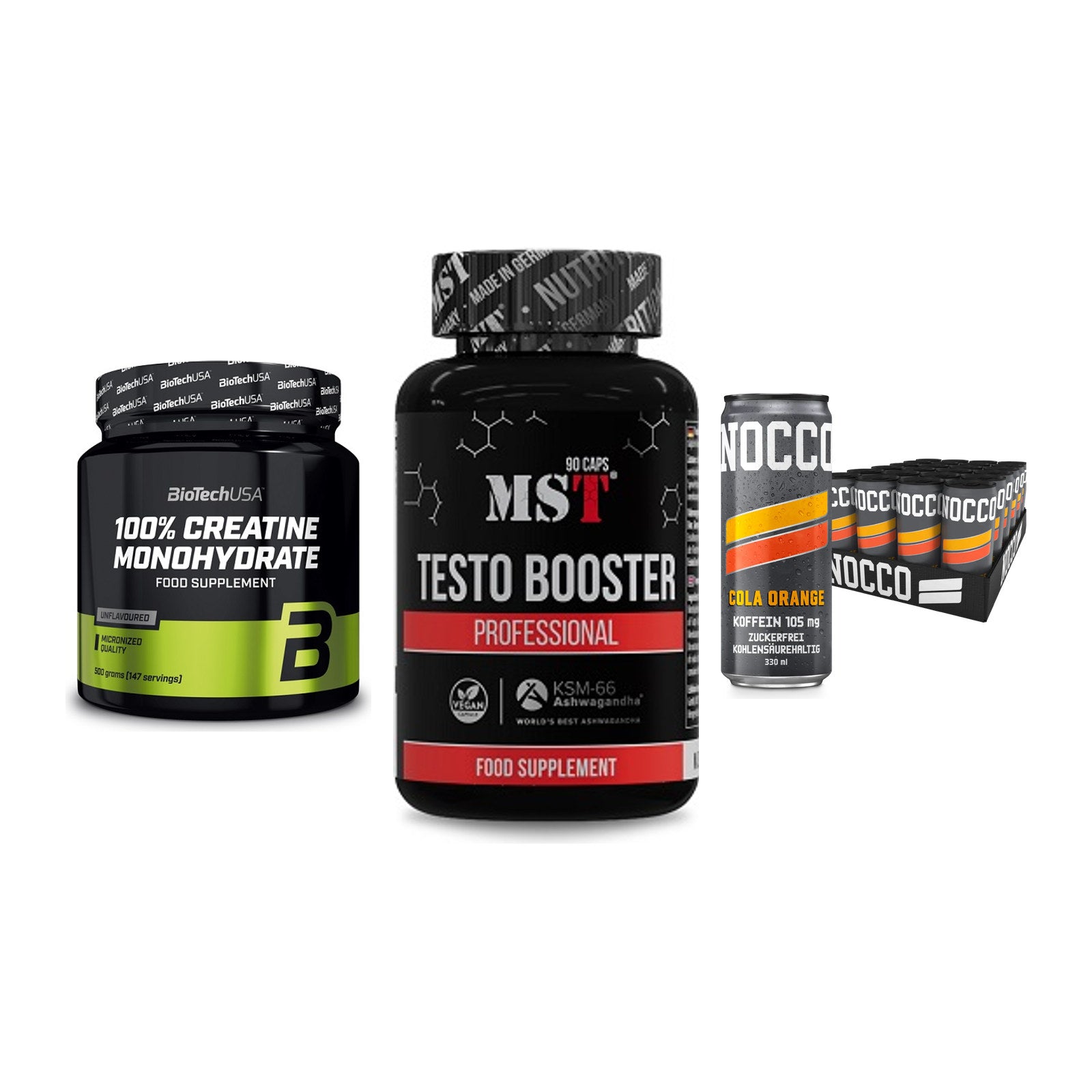 Kraft-Stack: BioTech Creatine + MST Testo Booster + Nocco BCAA Drink – alle enthaltenen Artikel
