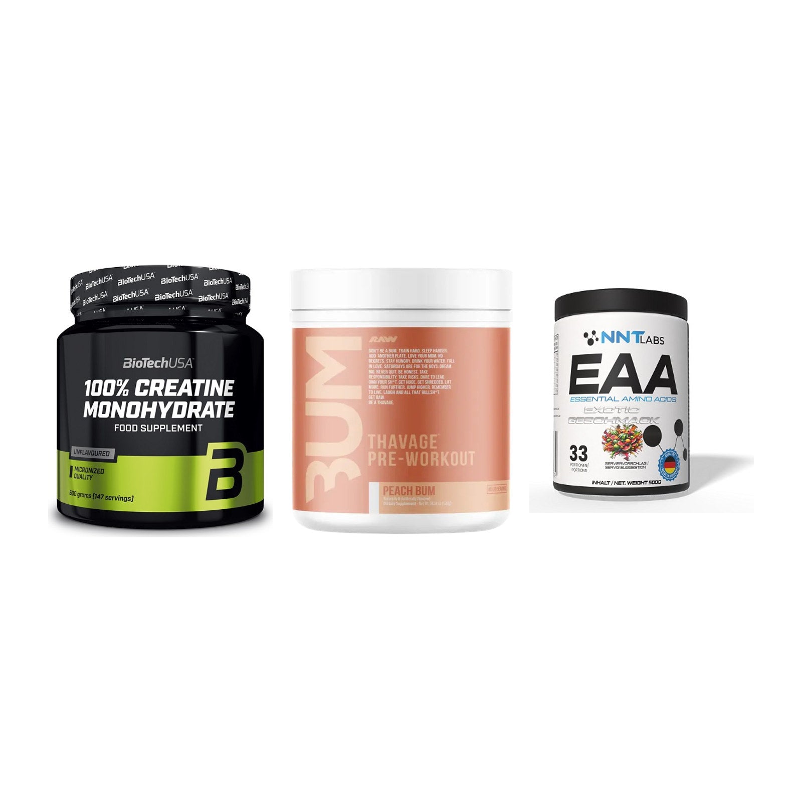 Kraft-Stack: BioTech Creatine + RAW Nutrition + NNT EAA – alle enthaltenen Artikel