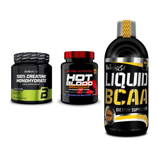 Kraft-Stack: BioTech Creatine + Scitec Hot Blood + BioTech Liquid – alle enthaltenen Artikel