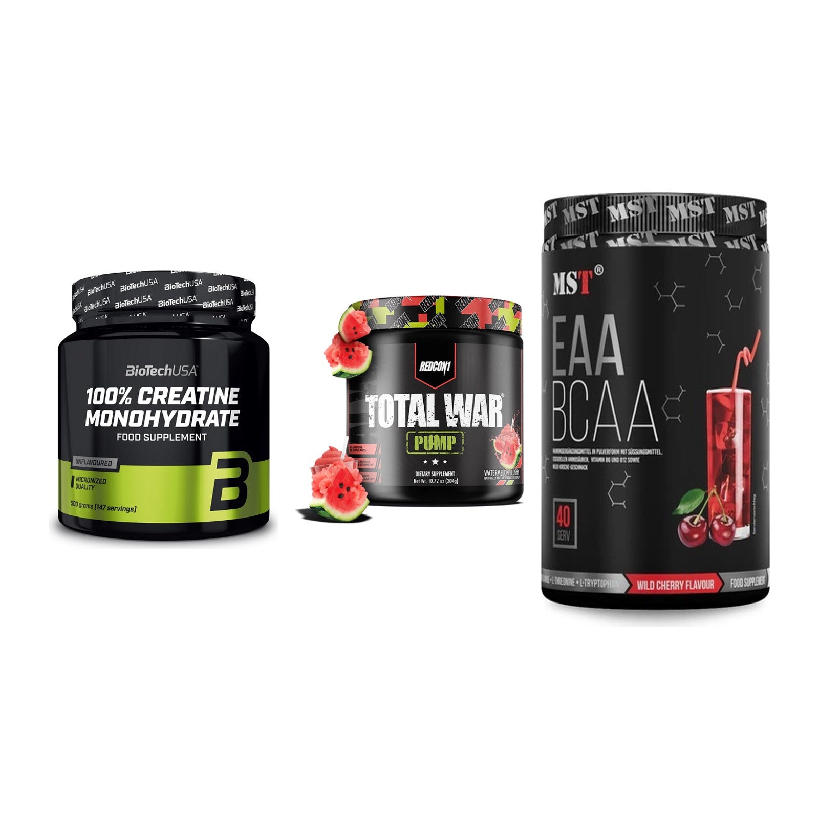 Kraft-Stack: BioTech Creatine + Redcon1 Total War + MST EAA & BCAA – alle enthaltenen Artikel