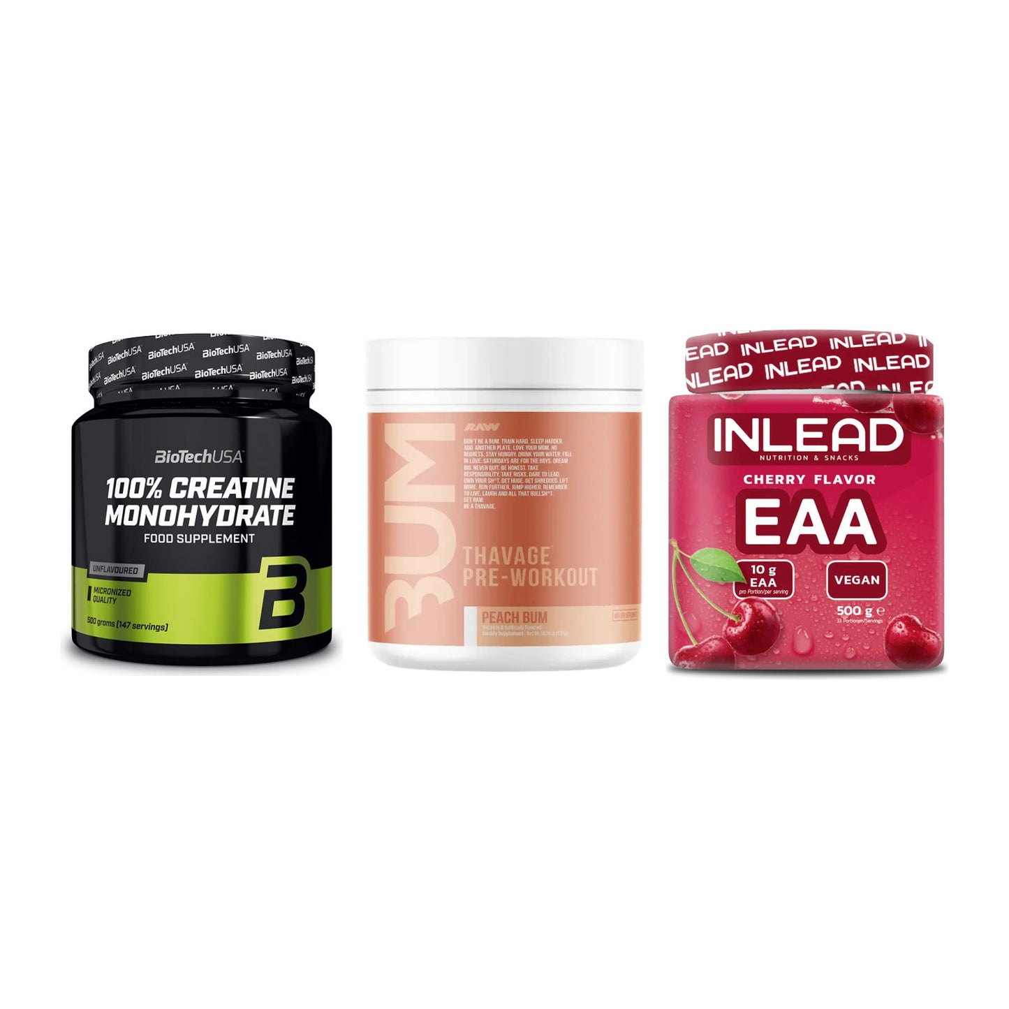 Kraft-Stack: BioTech Creatine + RAW Nutrition + INLEAD EAA – alle enthaltenen Artikel