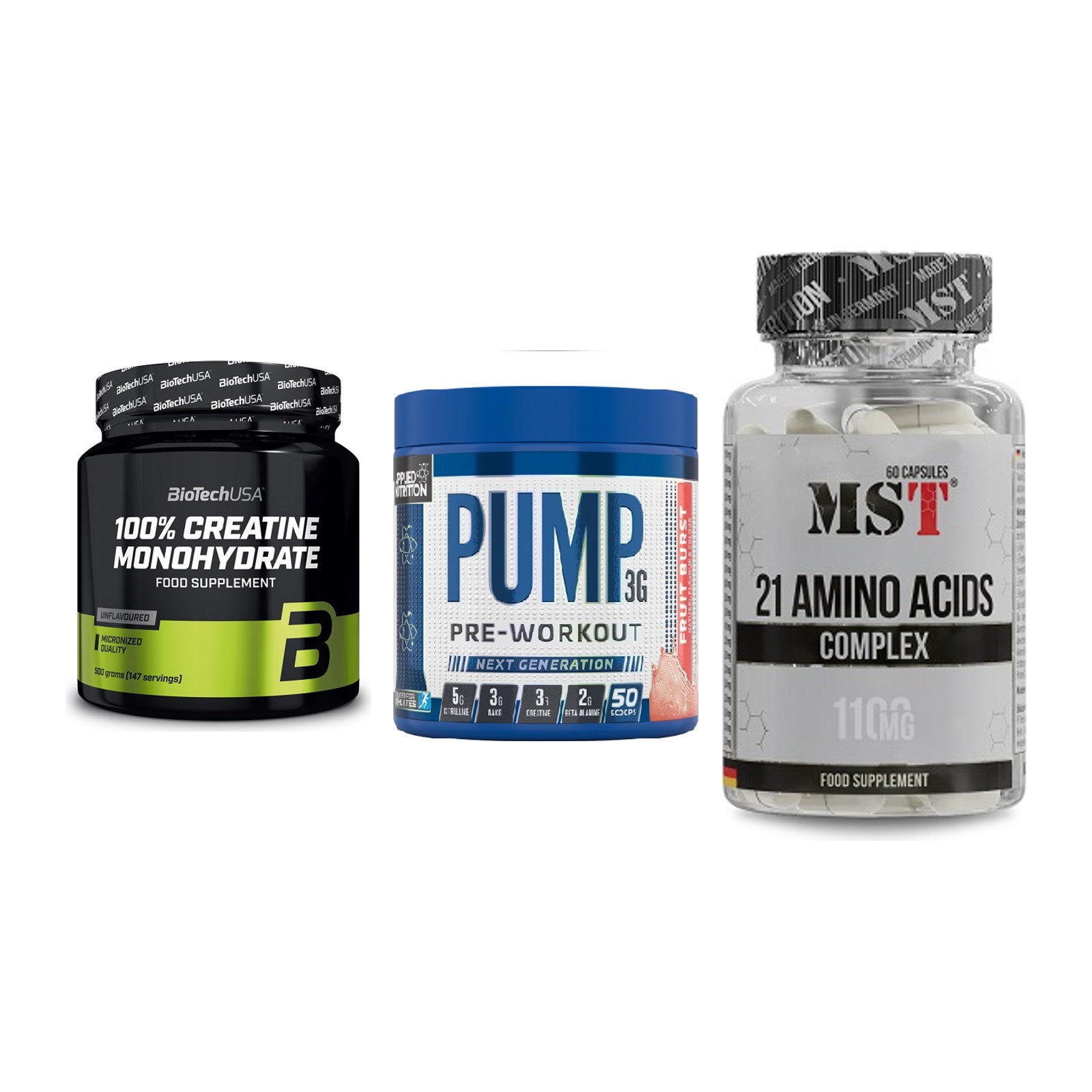 Kraft-Stack: BioTech Creatine + Applied Nutrition + MST 21 Amino – alle enthaltenen Artikel
