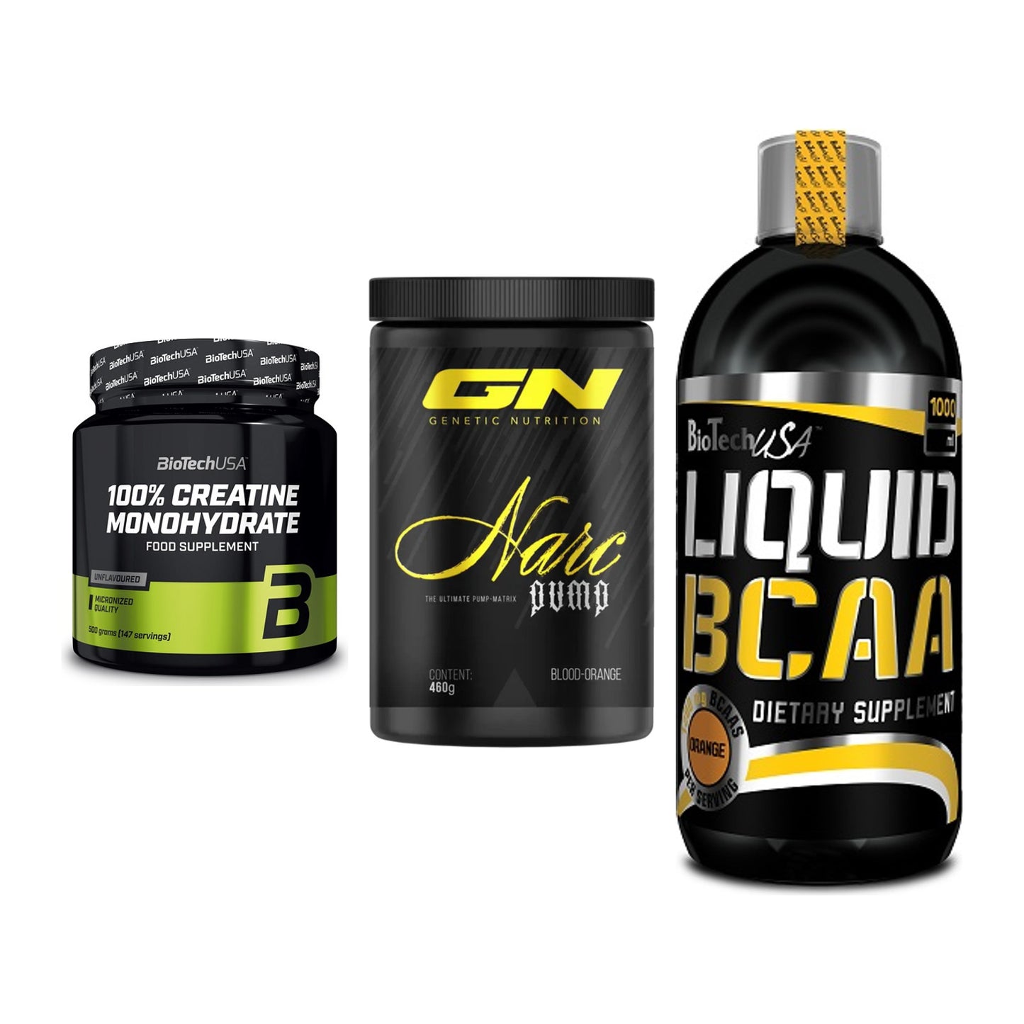 Kraft-Stack: BioTech Creatine + GN Narc Pump + BioTech Liquid – alle enthaltenen Artikel