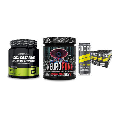 Kraft-Stack: BioTech Creatine + MST NeuroPump + Nocco BCAA Drink – alle enthaltenen Artikel