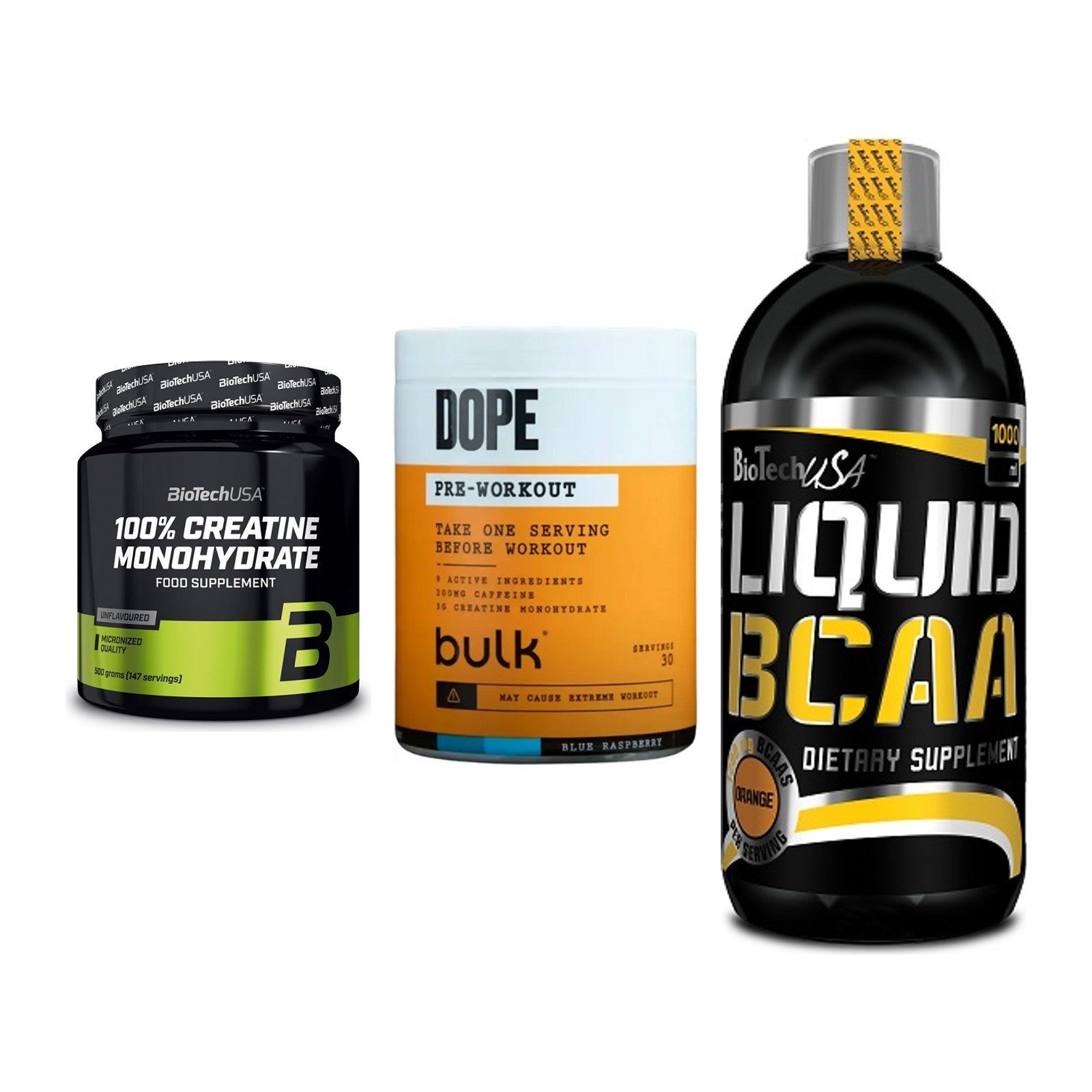 Kraft-Stack: BioTech Creatine + Bulk Dope + BioTech Liquid – alle enthaltenen Artikel