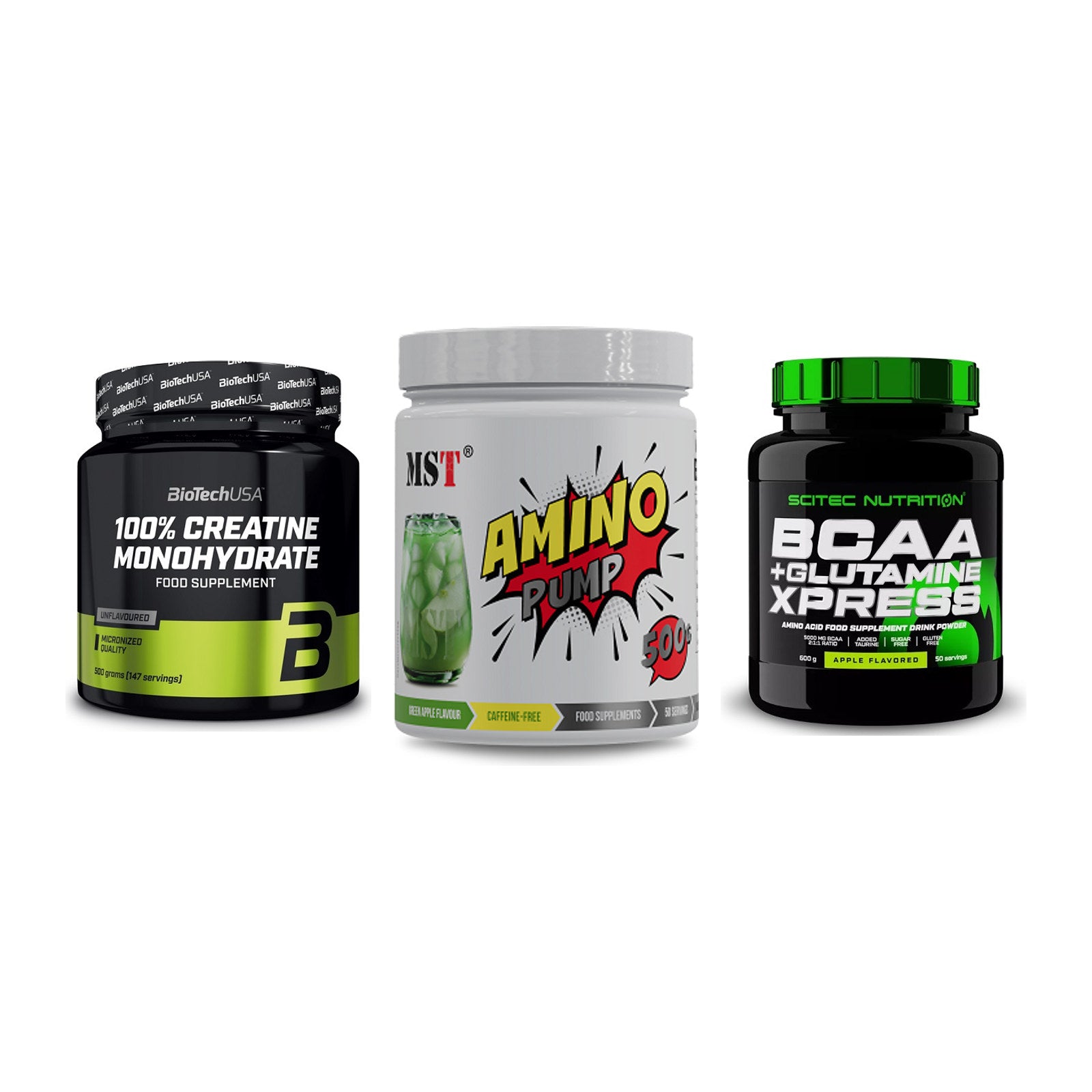 Kraft-Stack: BioTech Creatine + MST Amino Pump + Scitec BCAA – alle enthaltenen Artikel