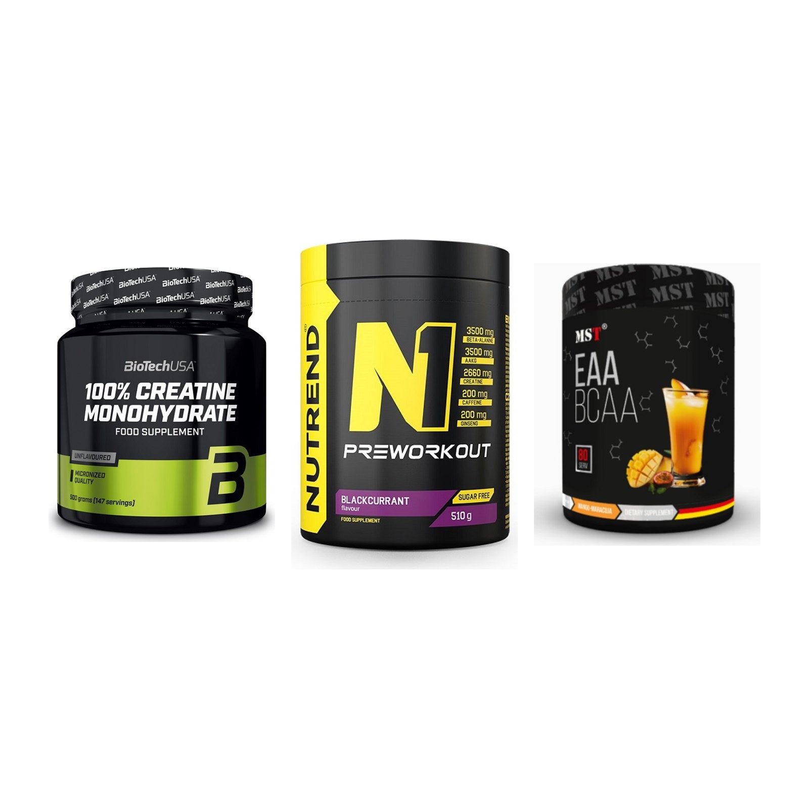 Kraft-Stack: BioTech Creatine + Nutrend N1 + MST EAA & BCAA – alle enthaltenen Artikel
