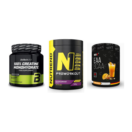 Kraft-Stack: BioTech Creatine + Nutrend N1 + MST EAA & BCAA – alle enthaltenen Artikel