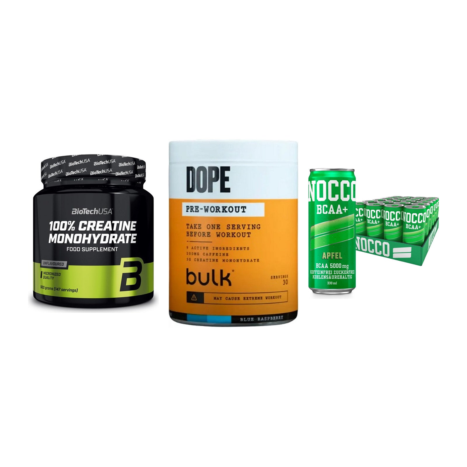 Kraft-Stack: BioTech Creatine + Bulk Dope + Nocco BCAA Drink – alle enthaltenen Artikel