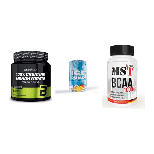 Kraft-Stack: BioTech Creatine + FA Nutrition ICE + MST BCAA 1000 (90 – alle enthaltenen Artikel