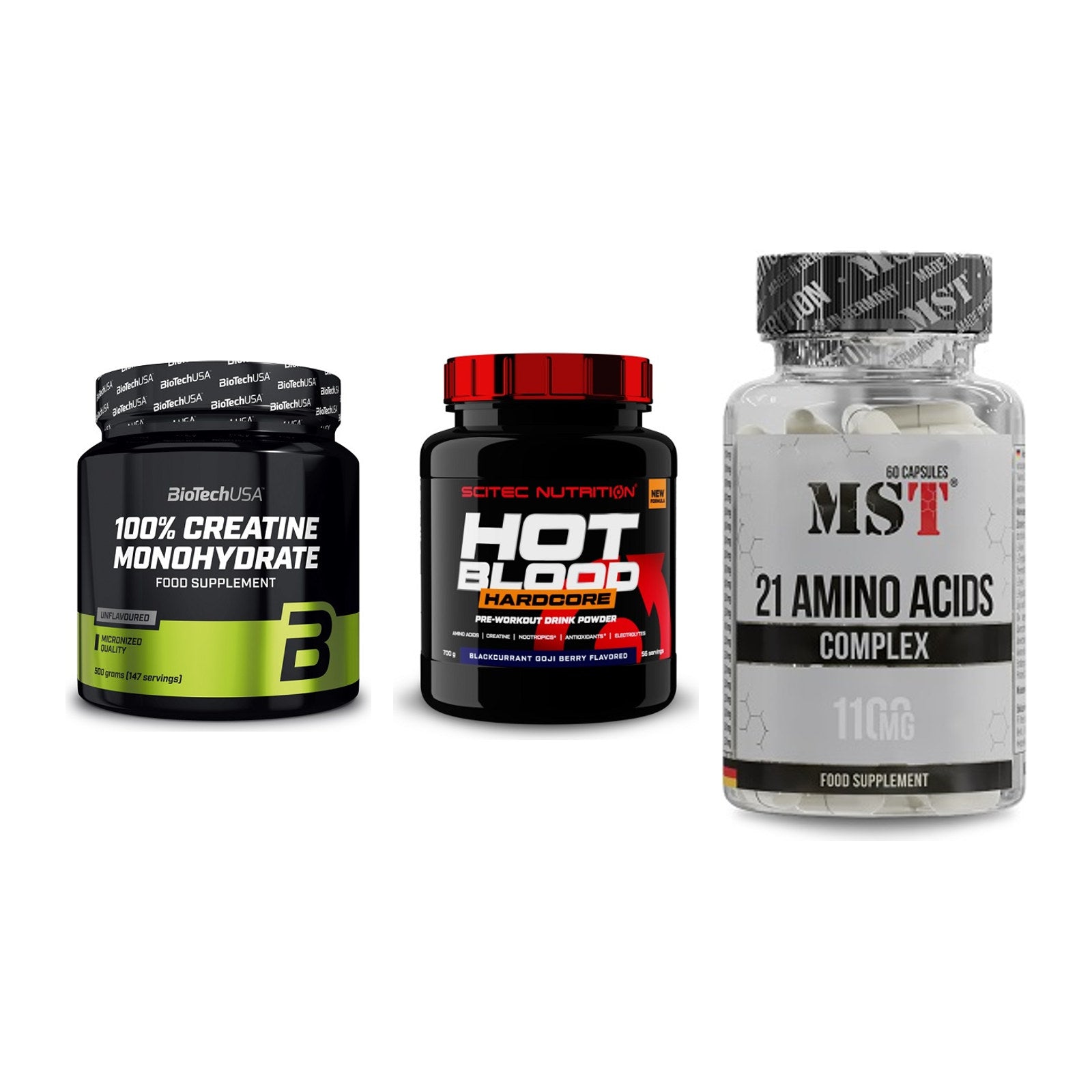 Kraft-Stack: BioTech Creatine + Scitec Hot Blood + MST 21 Amino – alle enthaltenen Artikel