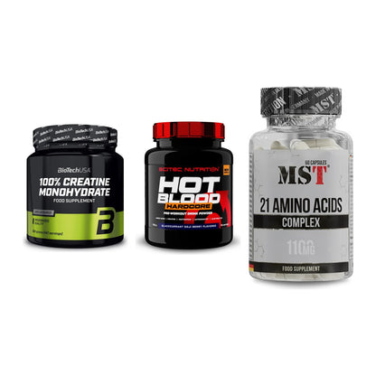 Kraft-Stack: BioTech Creatine + Scitec Hot Blood + MST 21 Amino – alle enthaltenen Artikel